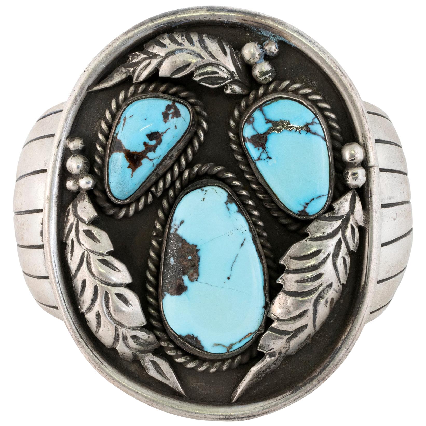 Navajo Sleeping Beauty Turquoise and Sterling Bracelet For Sale