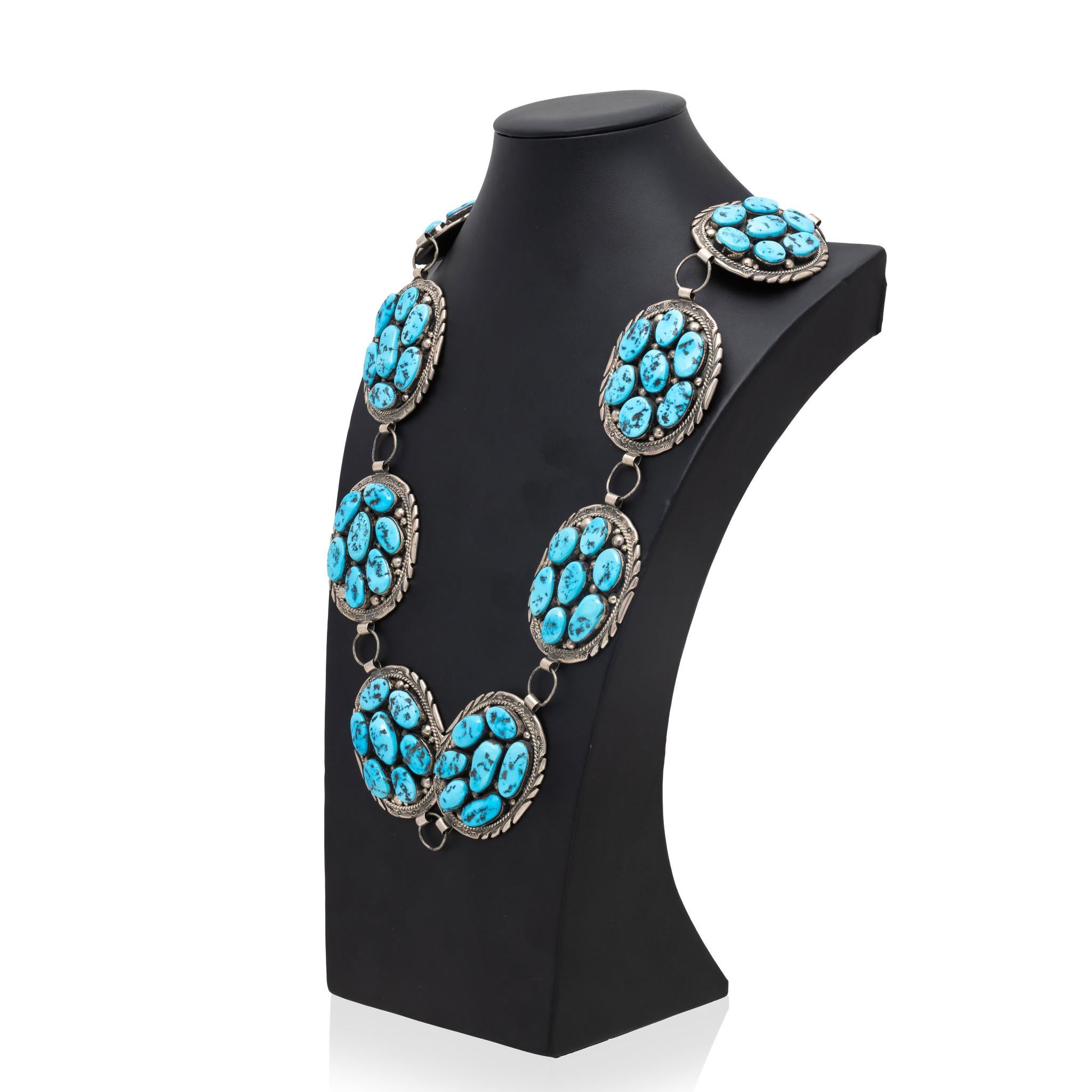Amérindien Navajo Sleeping Beauty Turquoise and Sterling Silver Link Concho Belt (ceinture à maillons en argent) en vente