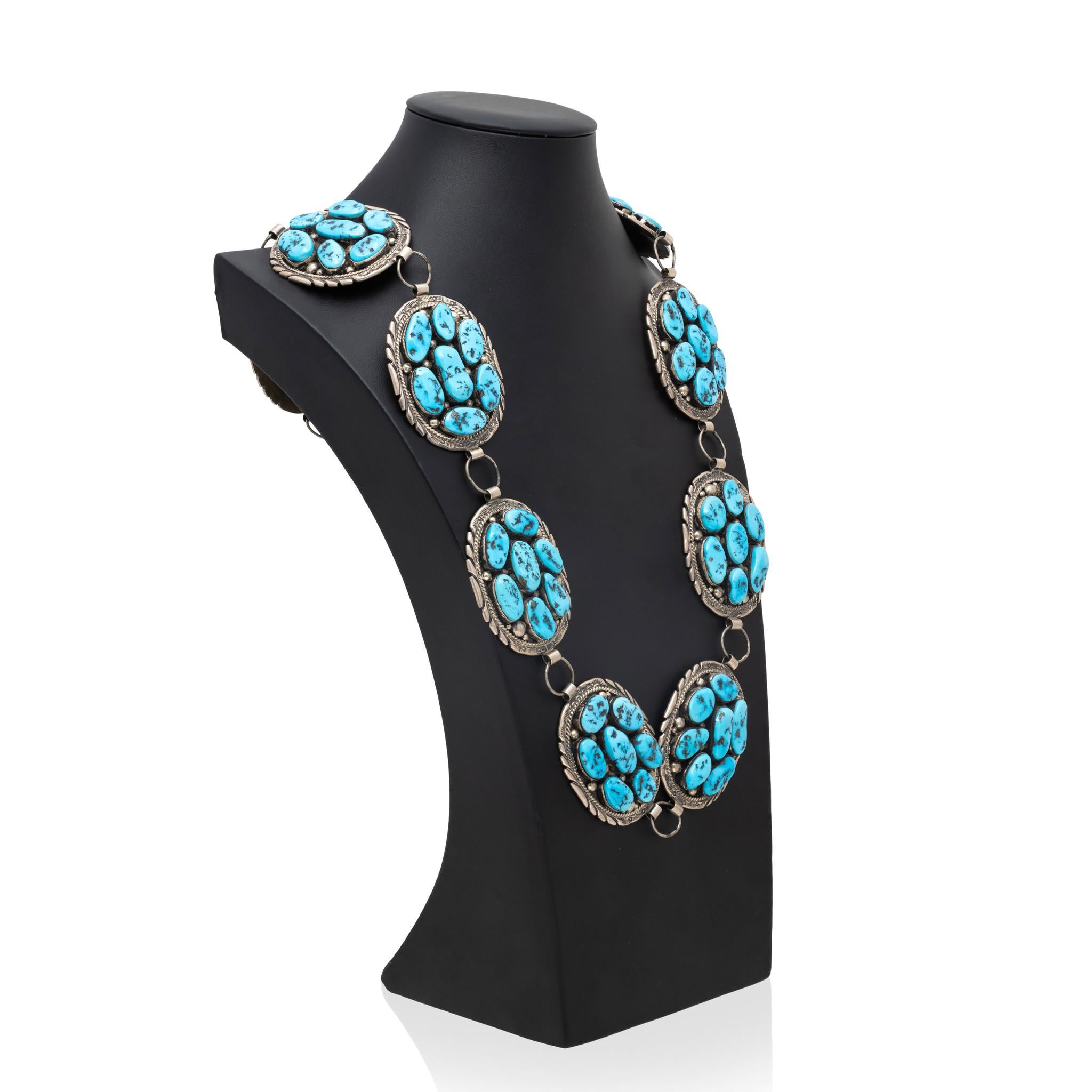Taille mixte Navajo Sleeping Beauty Turquoise and Sterling Silver Link Concho Belt (ceinture à maillons en argent) en vente