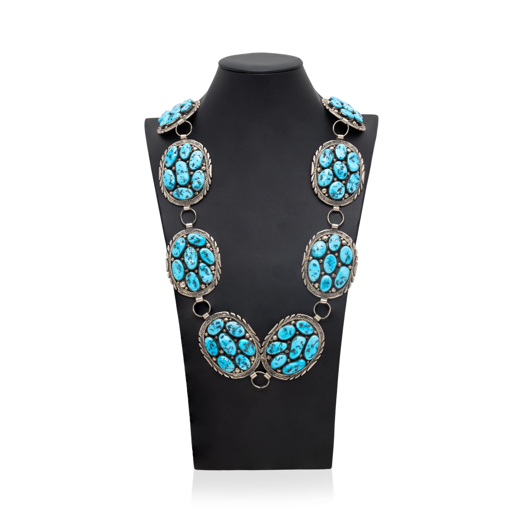 Navajo Sleeping Beauty Turquoise and Sterling Silver Link Concho Belt (ceinture à maillons en argent) Bon état - En vente à Coeur d Alene, ID