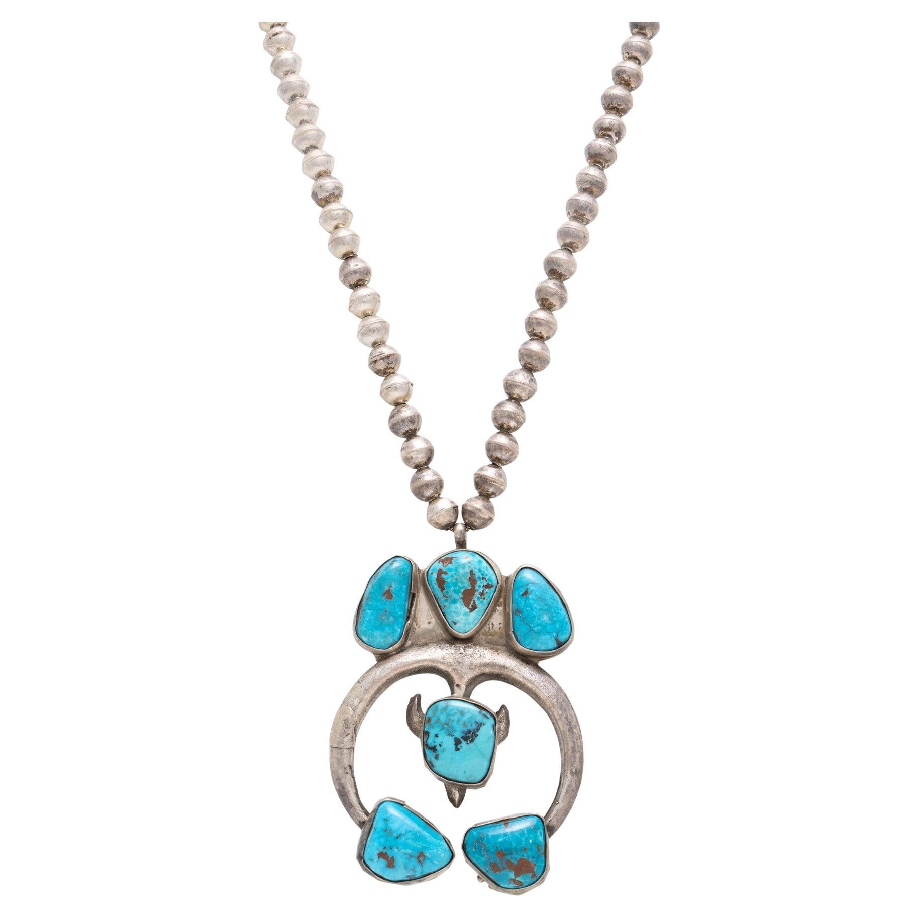 Navajo Sleeping Beauty Turquoise and Sterling Silver Necklace For Sale