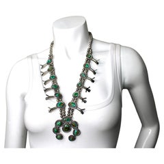 Navajo Squash Blossom Sterling Silver & Turquoise Stone Vintage Necklace