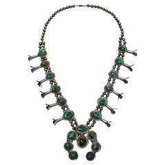 Navajo Squash Blossom Sterling Silver & Turquoise Stone Vintage Necklace