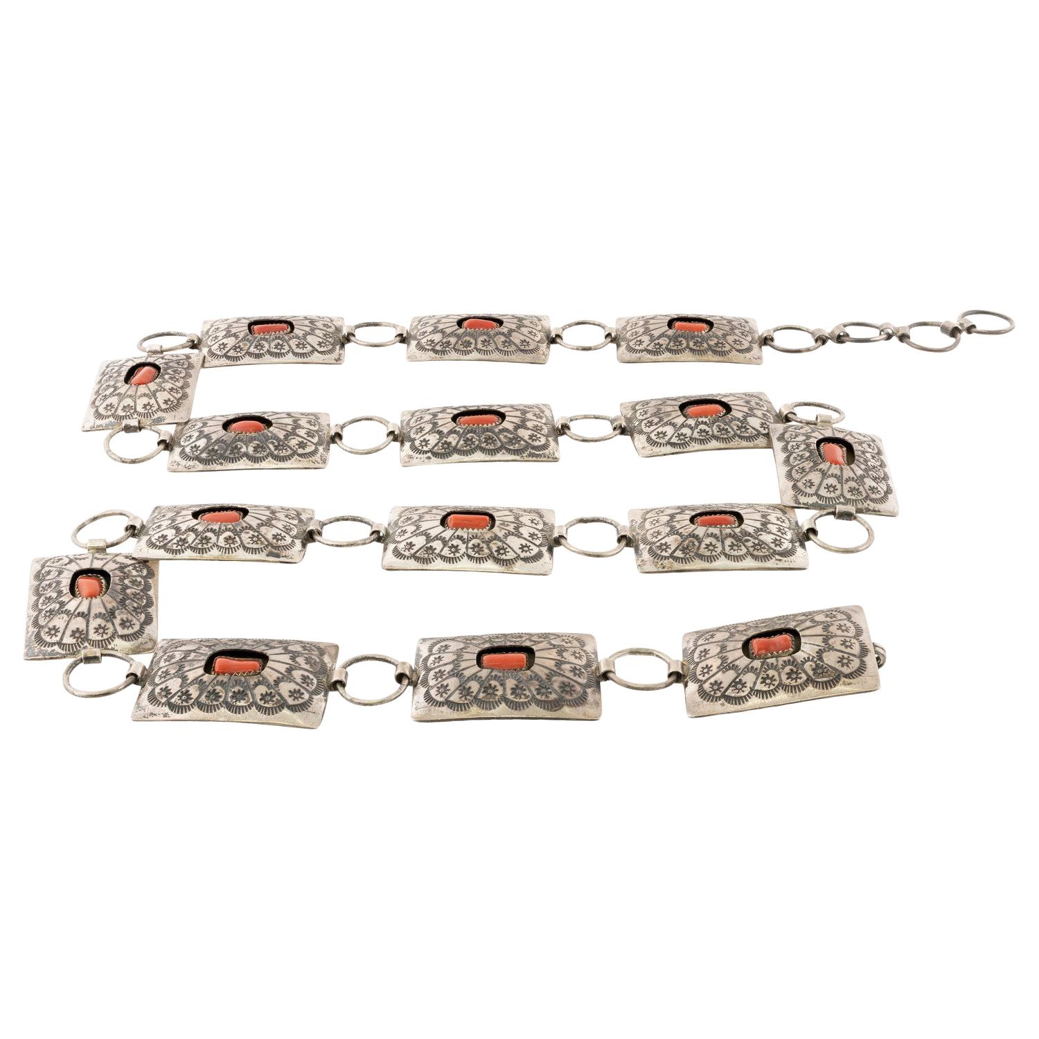 Navajo Sterling and Coral Concho Belt