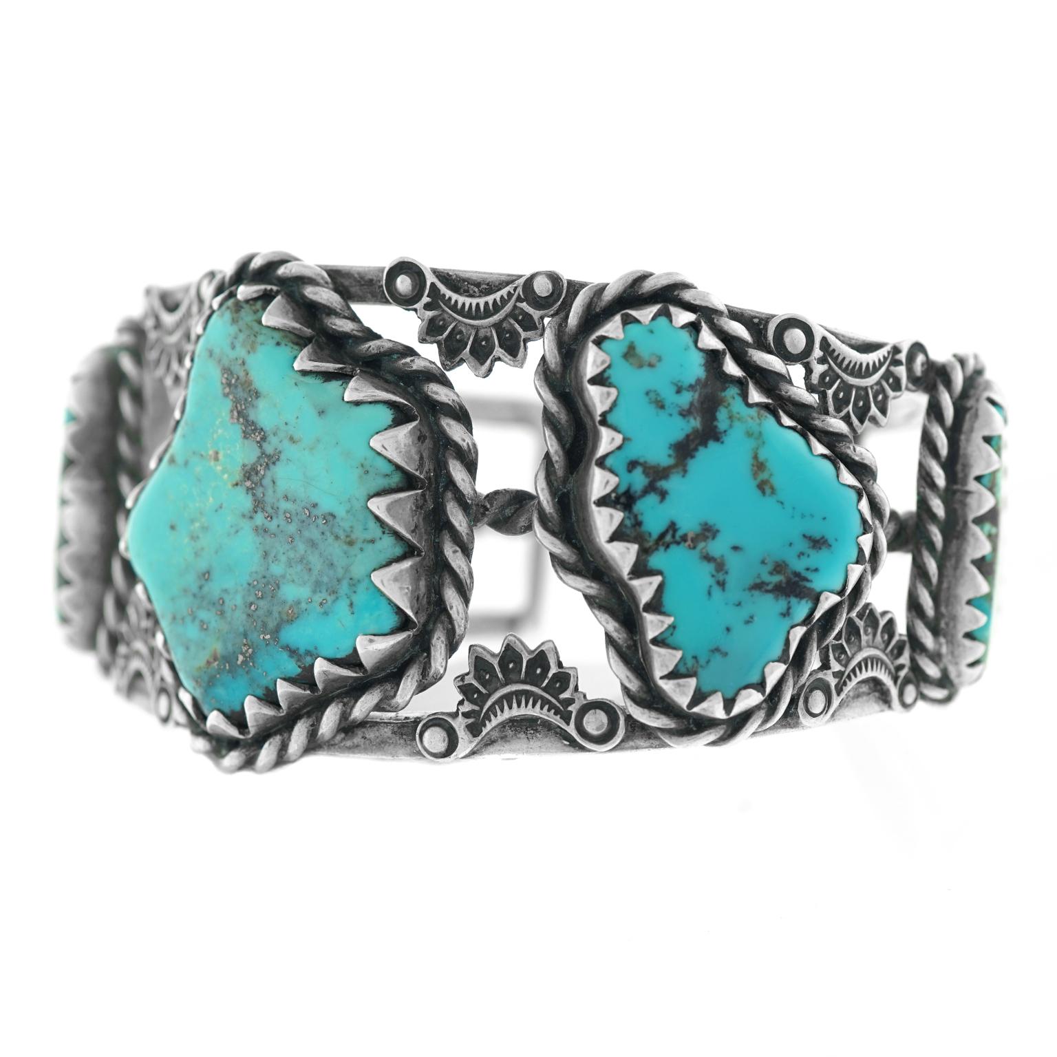 Native American Navajo Sterling Openwork Cuff with Five Large Turquoise Stones