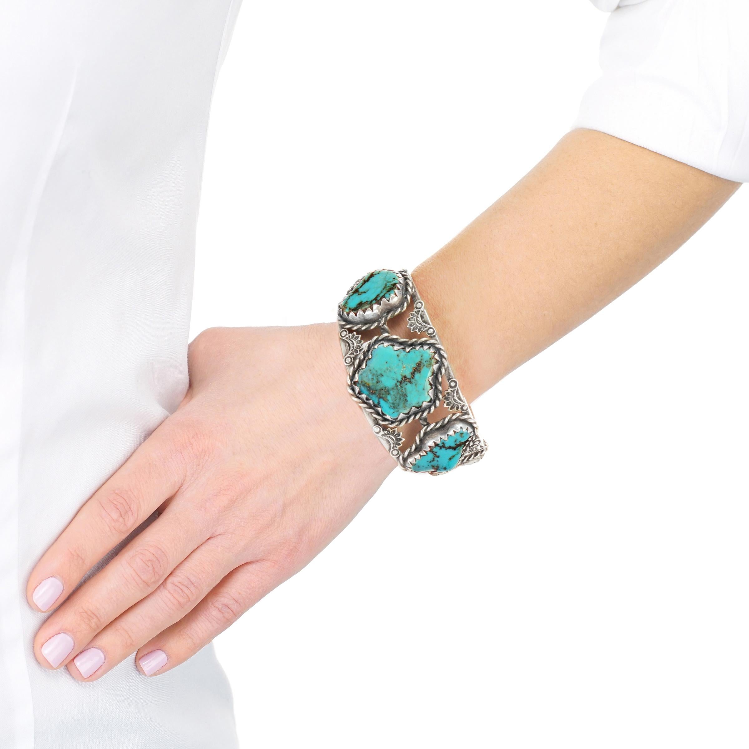 Cabochon Navajo Sterling Openwork Cuff with Five Large Turquoise Stones