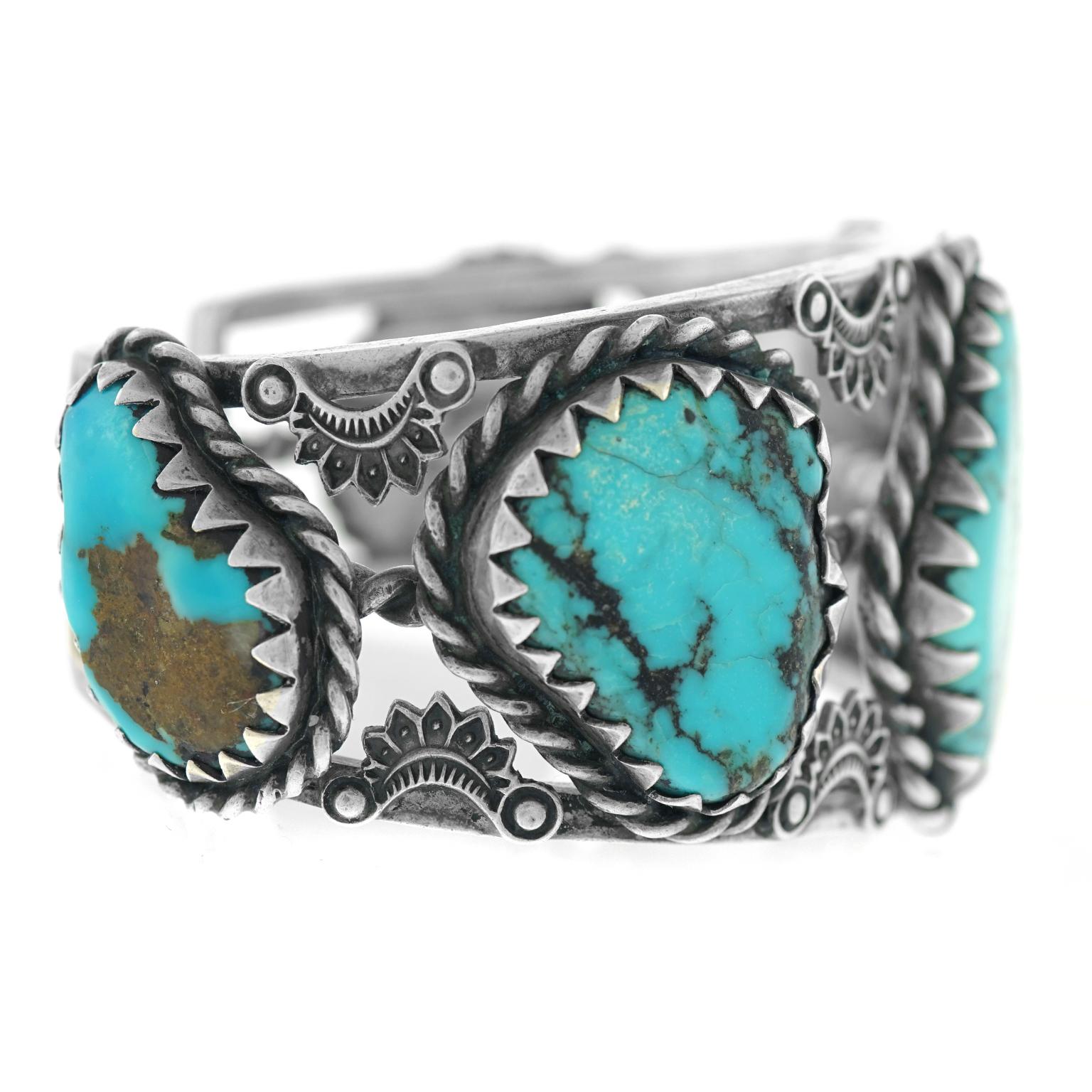 Navajo Sterling Openwork Cuff with Five Large Turquoise Stones In Excellent Condition In Litchfield, CT