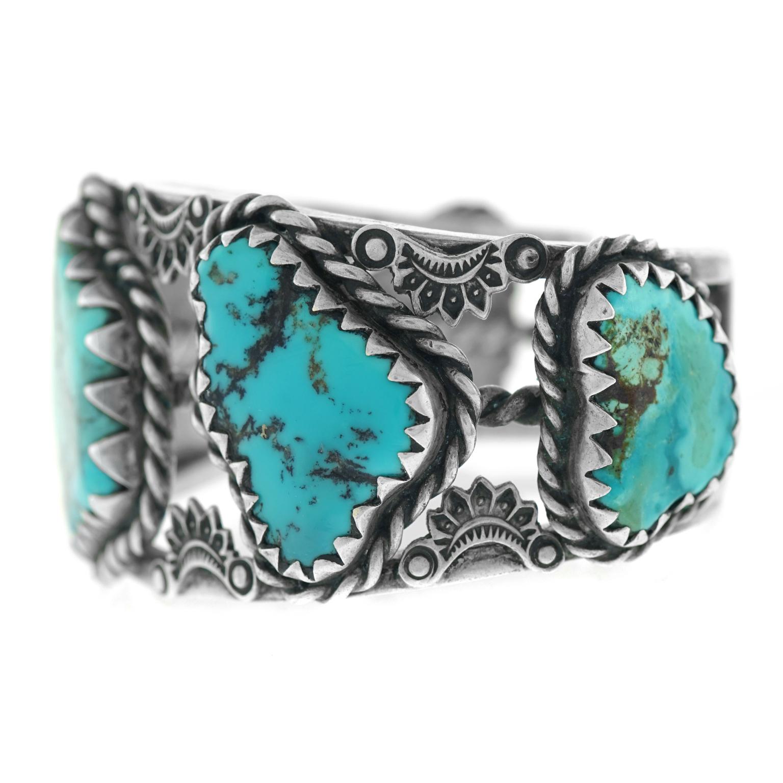 Navajo Sterling Openwork Cuff with Five Large Turquoise Stones 1