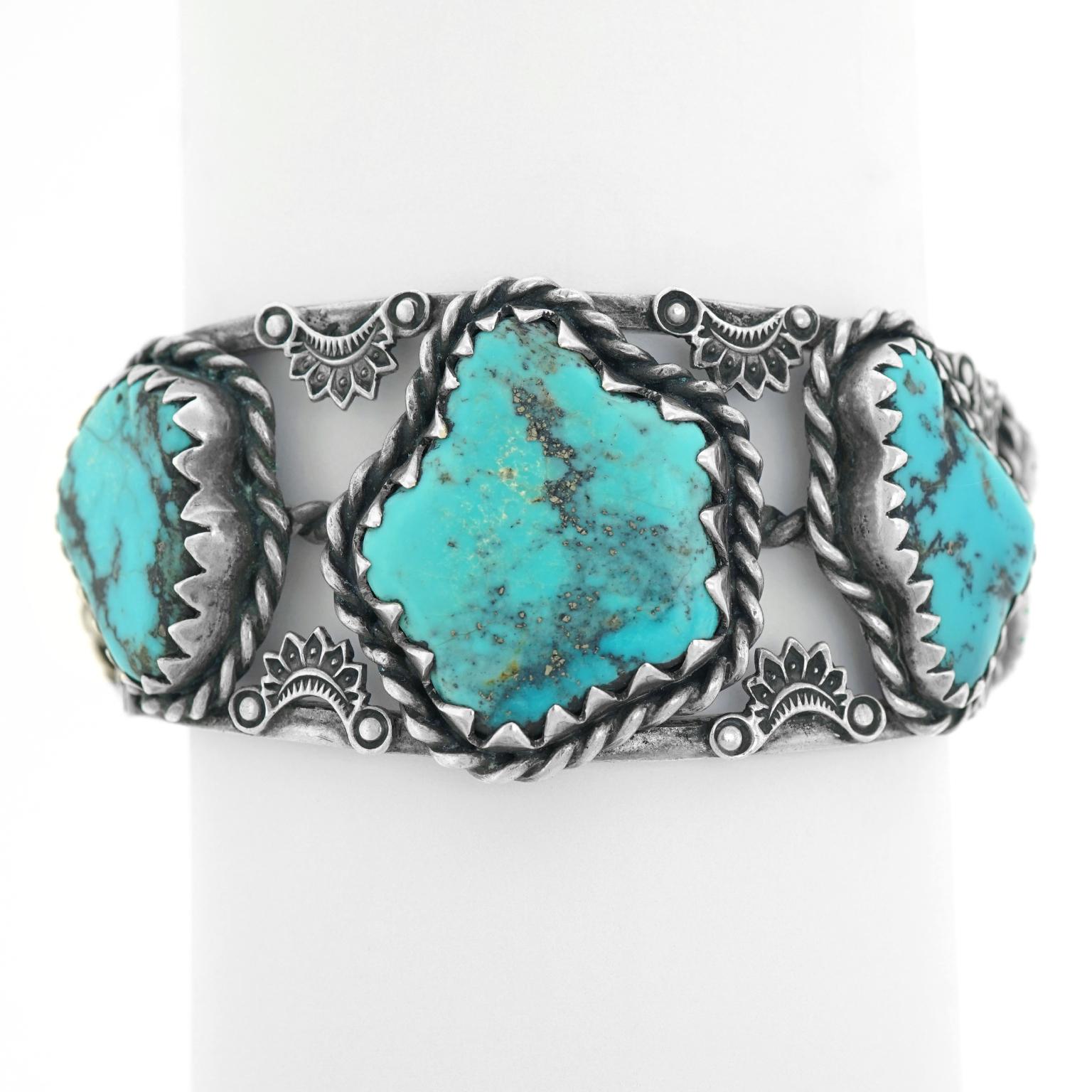 Navajo Sterling Openwork Cuff with Five Large Turquoise Stones 2