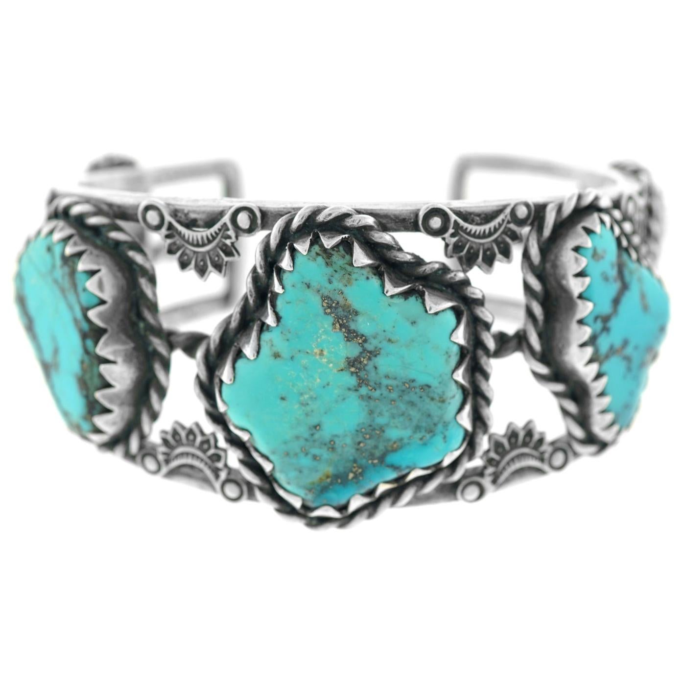 Navajo Sterling Openwork Cuff with Five Large Turquoise Stones