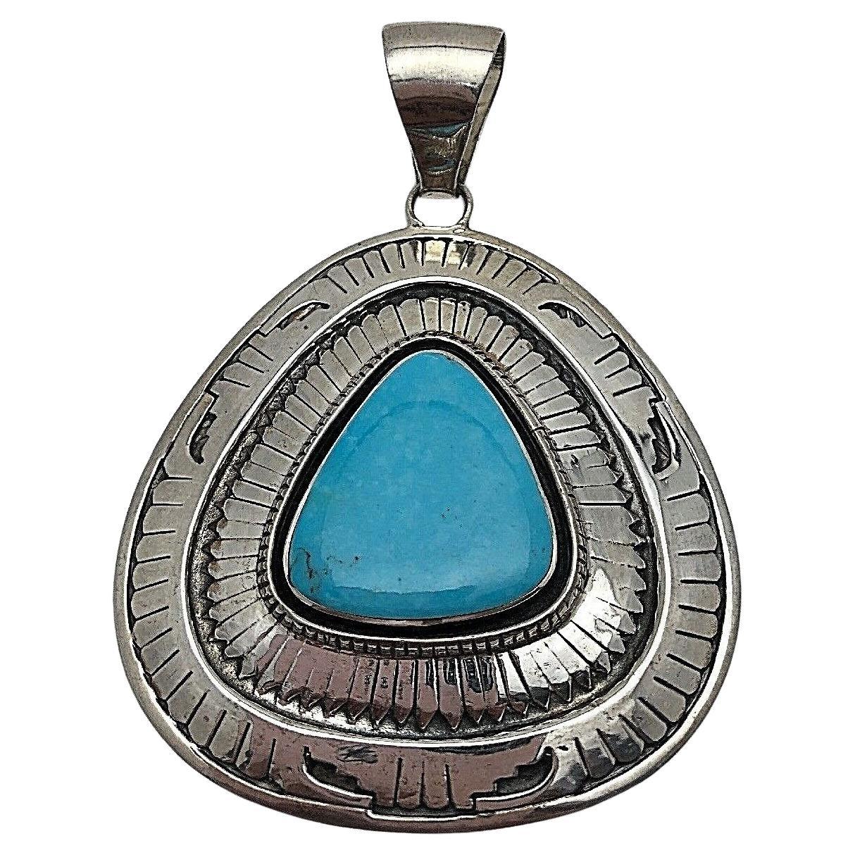 Navajo Sterling Silver .925 2 1/2" x 3 1/4" Sleeping Beauty Turquoise Pendant For Sale