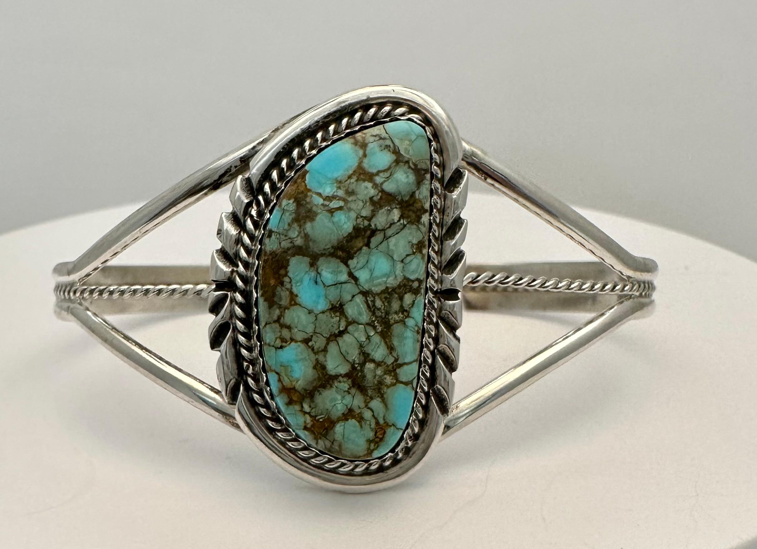 Cabochon Navajo ~ Sterling Silver .925 ~ #8 Turquoise ~ Cuff Bracelet ~ Signed L Spencer For Sale
