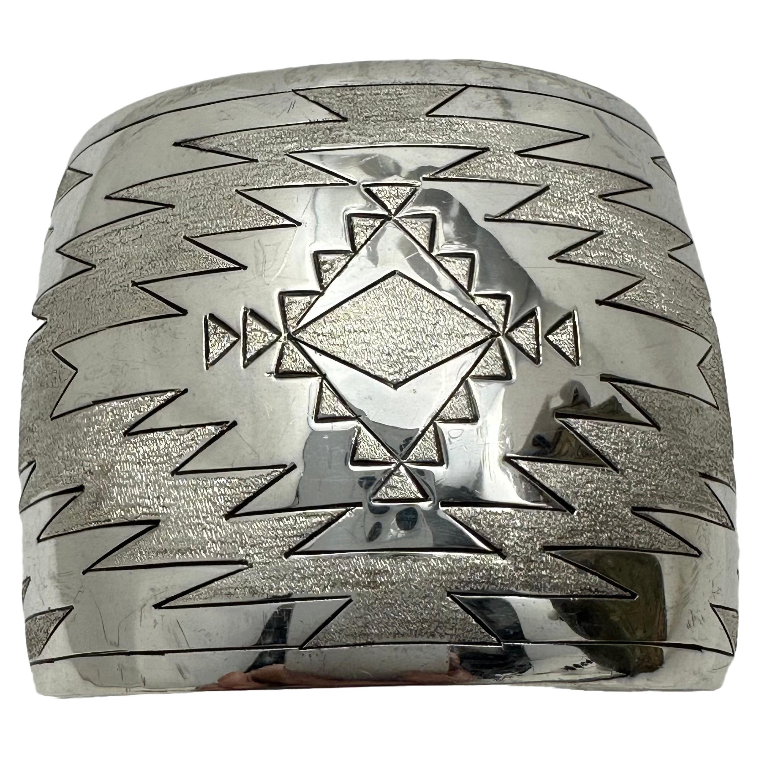 Navajo ~ Sterling Silver .925 Aztec Design 2" Cuff Bracelet ~ By Delbert Shirley For Sale
