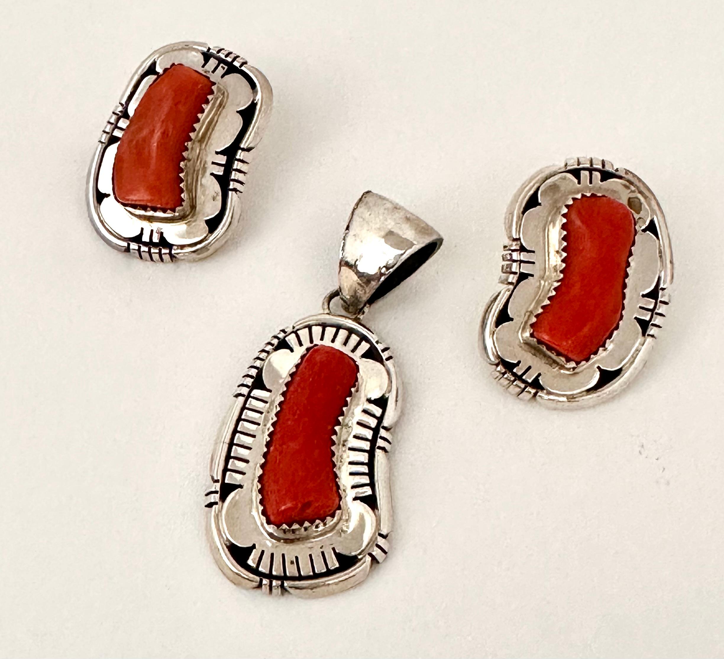 Navajo Sterling Silver .925 Coral Earrings & Pendant 
Matching Set signed by E. Etsitty 
Shadow box and ornately designed
Earrings approx 3/4