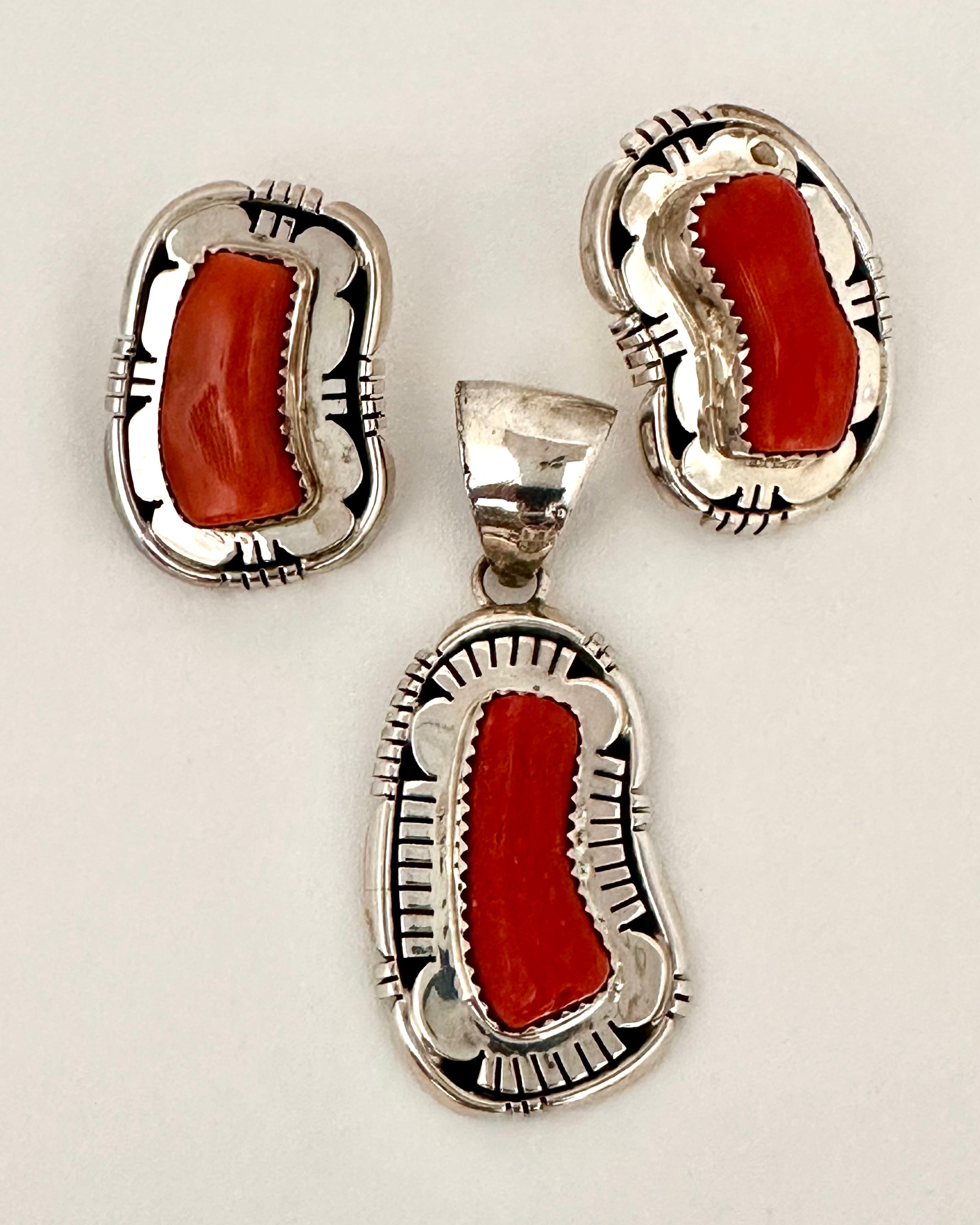 Artist Navajo Sterling Silver .925 Coral Earrings & Pendant Set by E. Etsitty For Sale