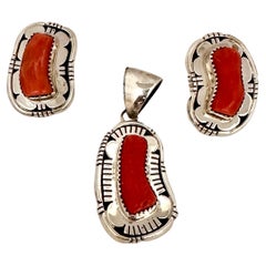 Navajo Sterling Silver .925 Coral Earrings & Pendant Set by E. Etsitty
