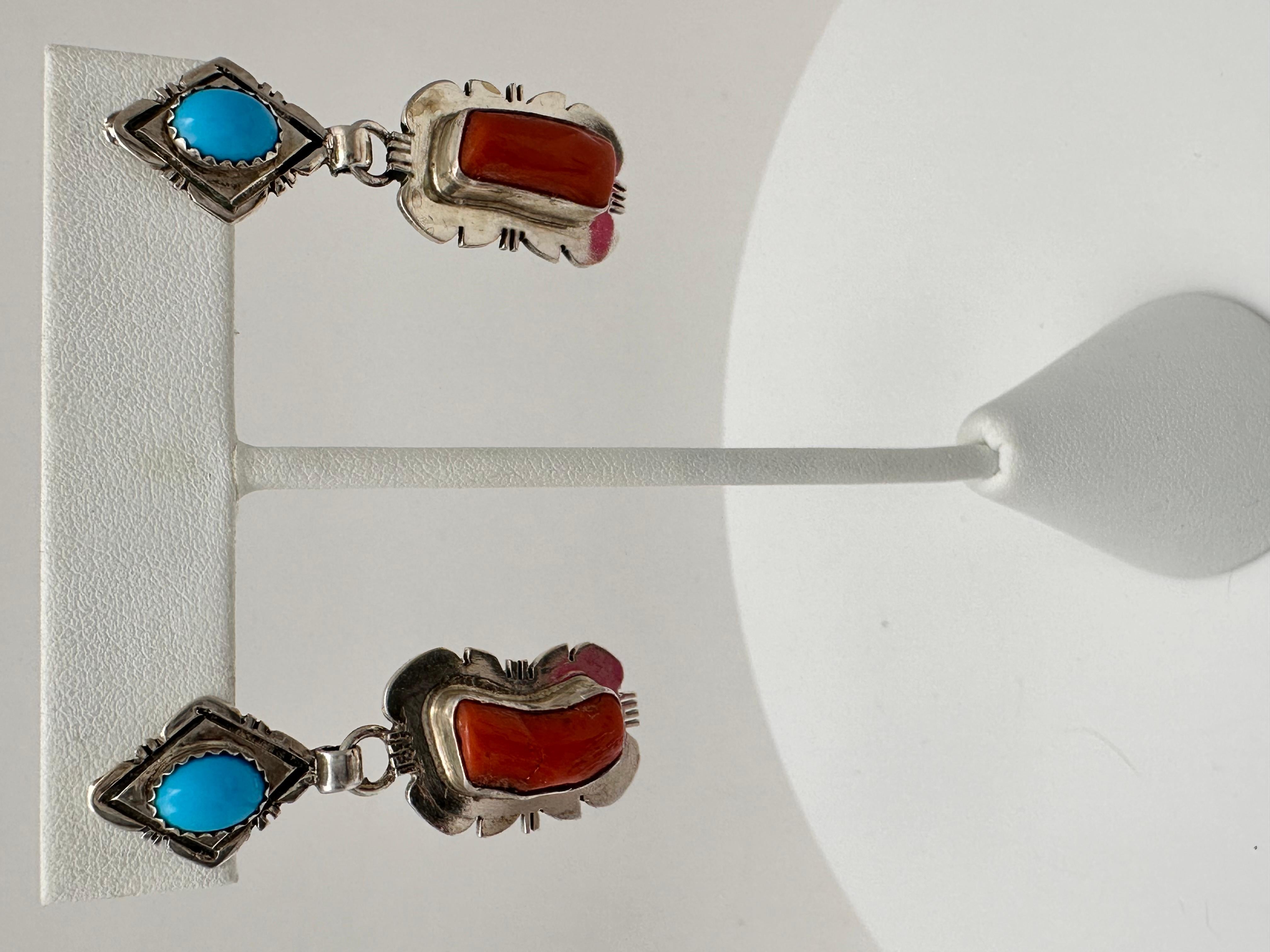 Navajo ~ Sterling Silver .925 ~ Coral and Sleeping Beauty Turquoise approx. 3/4