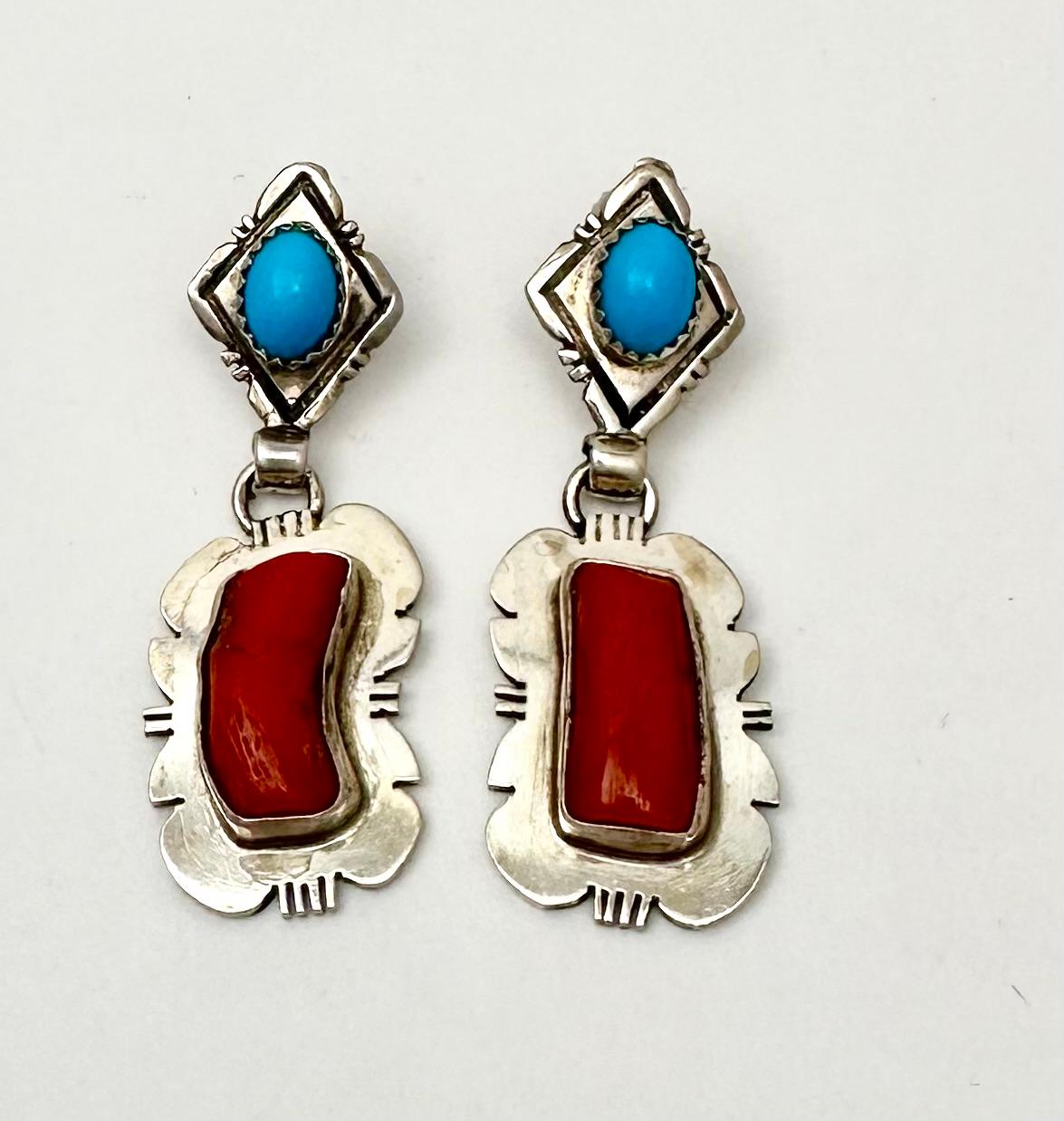 Artisan Navajo Sterling Silver .925 Coral  Turquoise 3/4