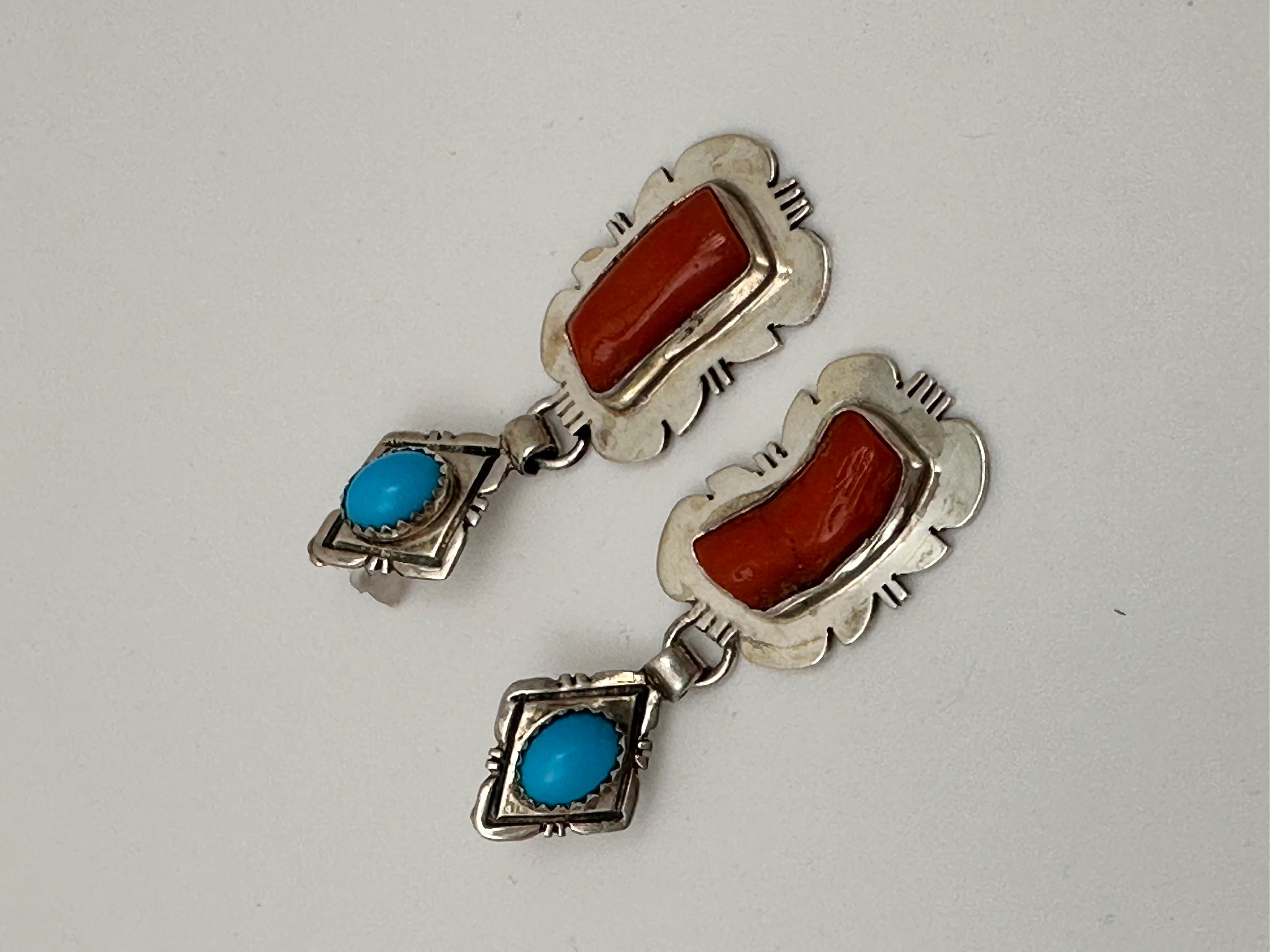 Cabochon Navajo Sterling Silver .925 Coral  Turquoise 3/4