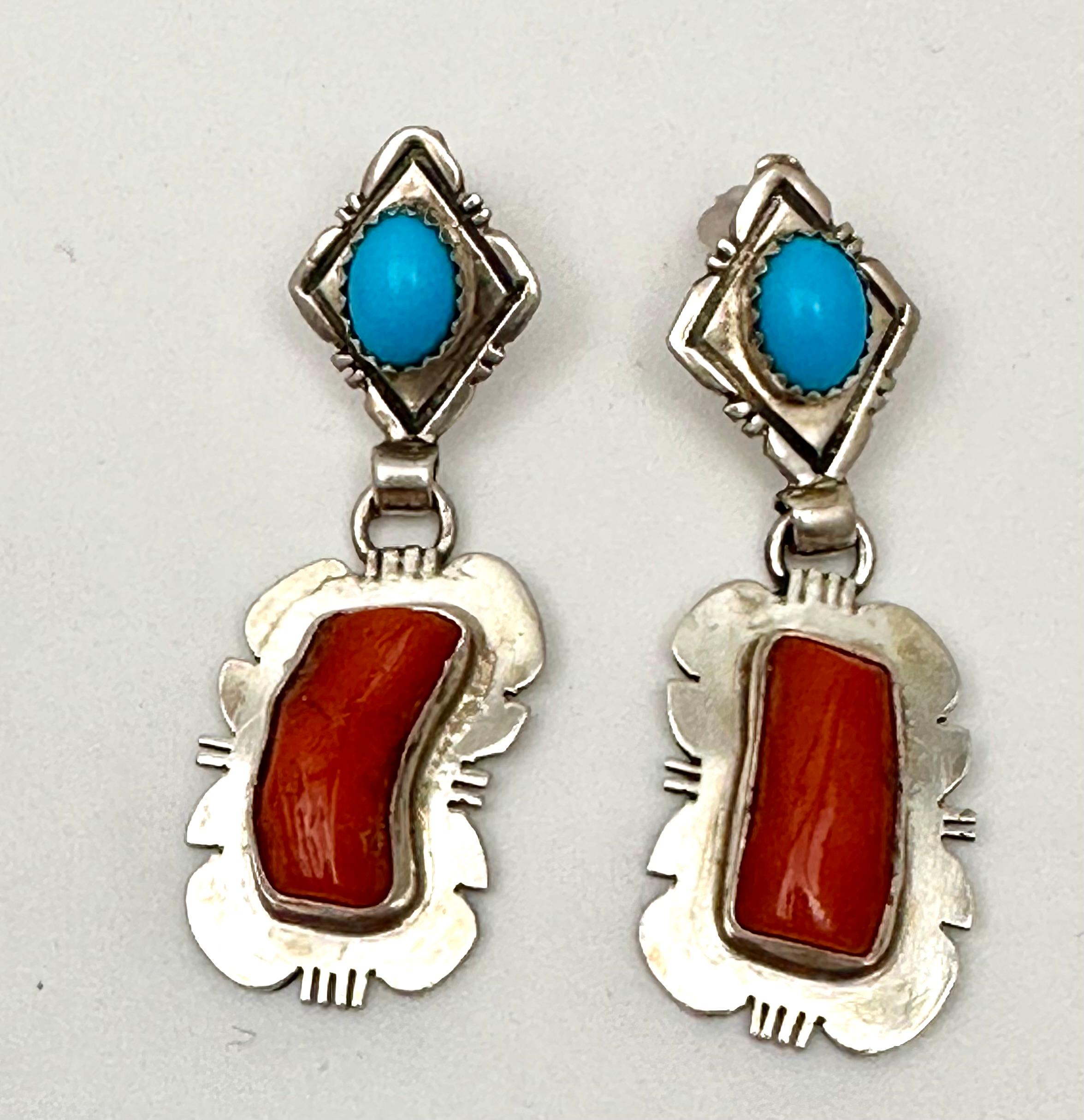 Women's Navajo Sterling Silver .925 Coral  Turquoise 3/4