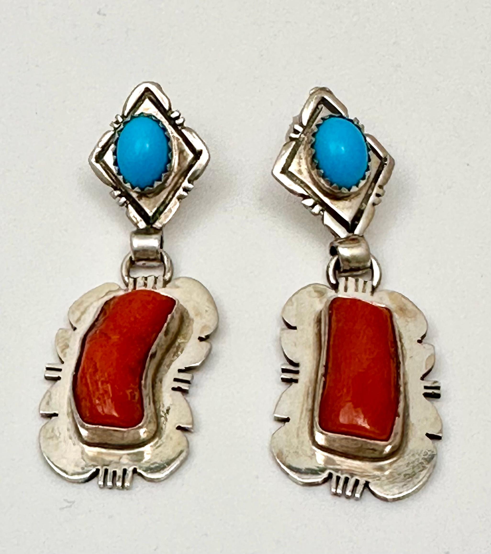 Navajo Sterling Silver .925 Coral  Turquoise 3/4