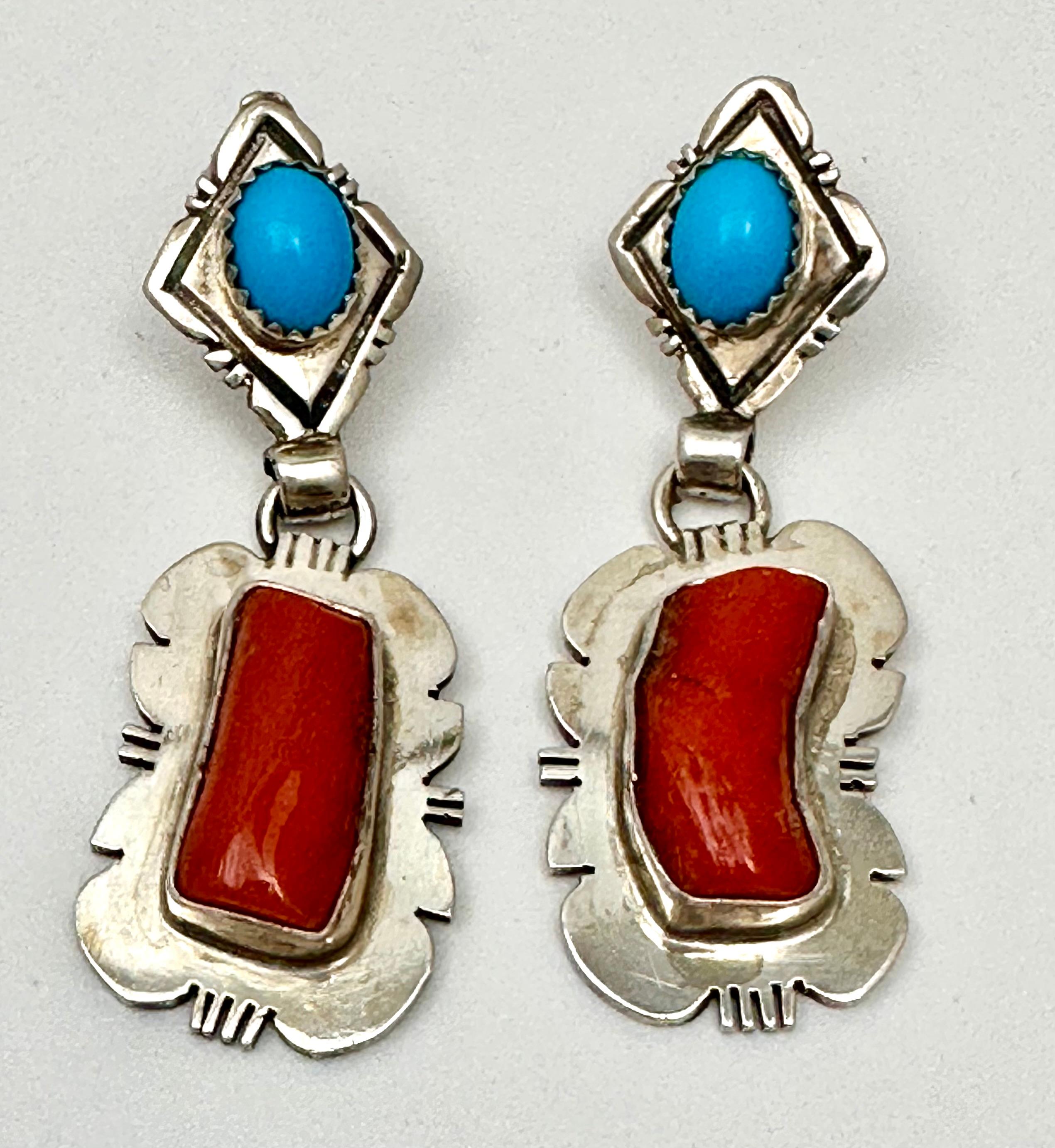 Navajo Sterling Silver .925 Coral  Turquoise 3/4