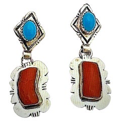 Used Navajo Sterling Silver .925 Coral  Turquoise 3/4" x 1" 3/4"  Earrings E. Etsitty