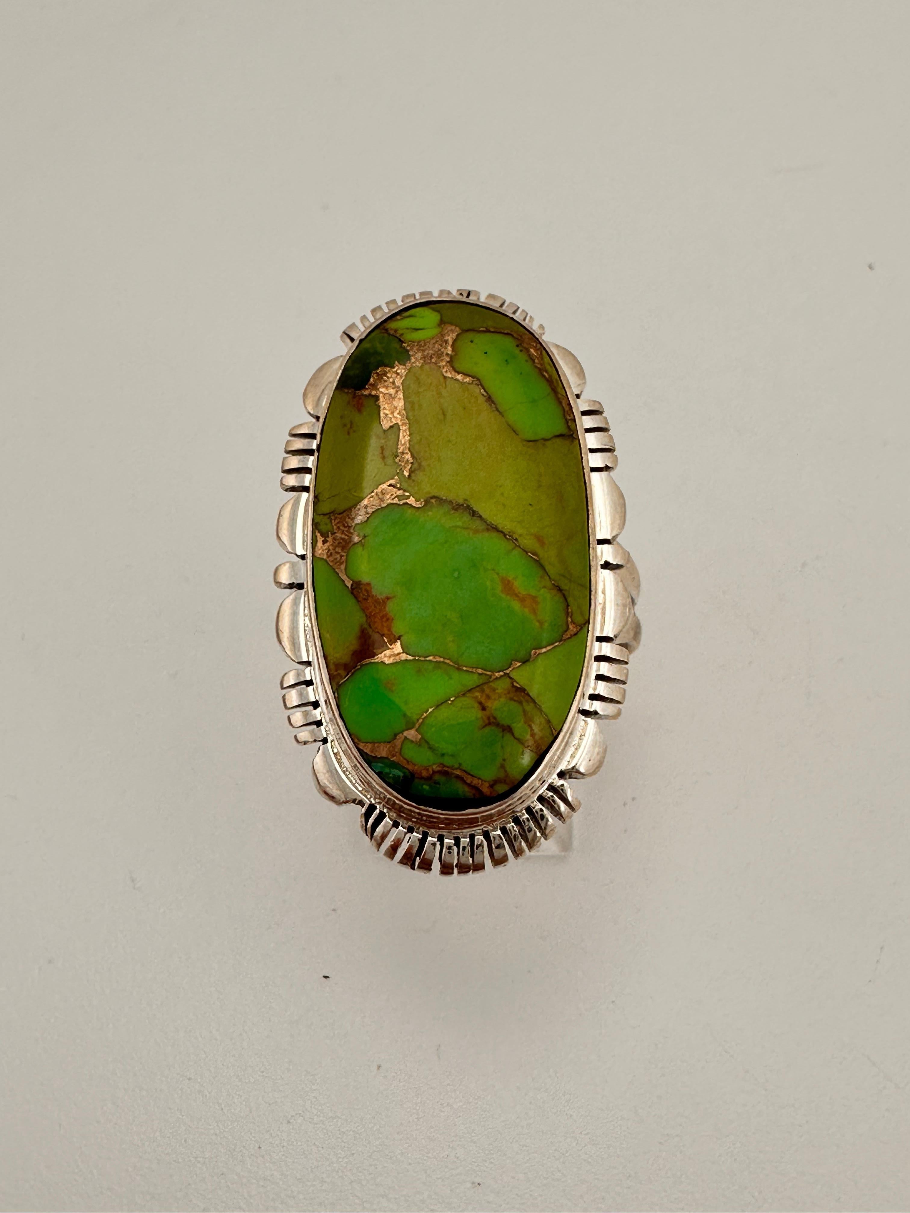 Cabochon Navajo Sterling Silver .925 Green Turquiose 20mm x 33mm Oval Ring Size 10