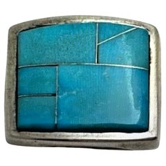 Navajo Sterling Silver .925 Inlay Kingman TurquoIse 25 x 21mm Ring Size 12.25
