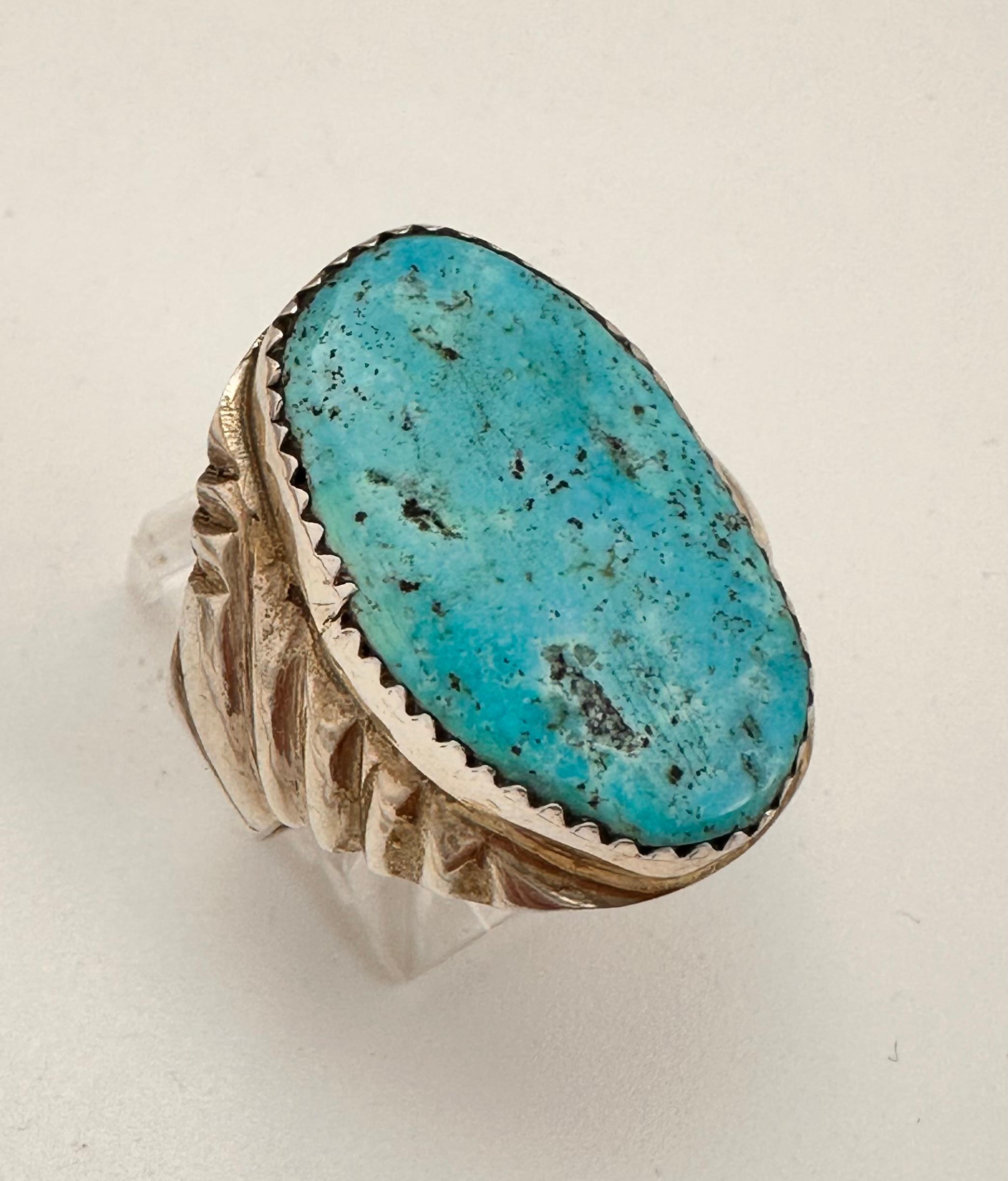 Native American Navajo Sterling Silver .925 Kingman Turquiose 14mm x 25mm Oval Ring Size 10