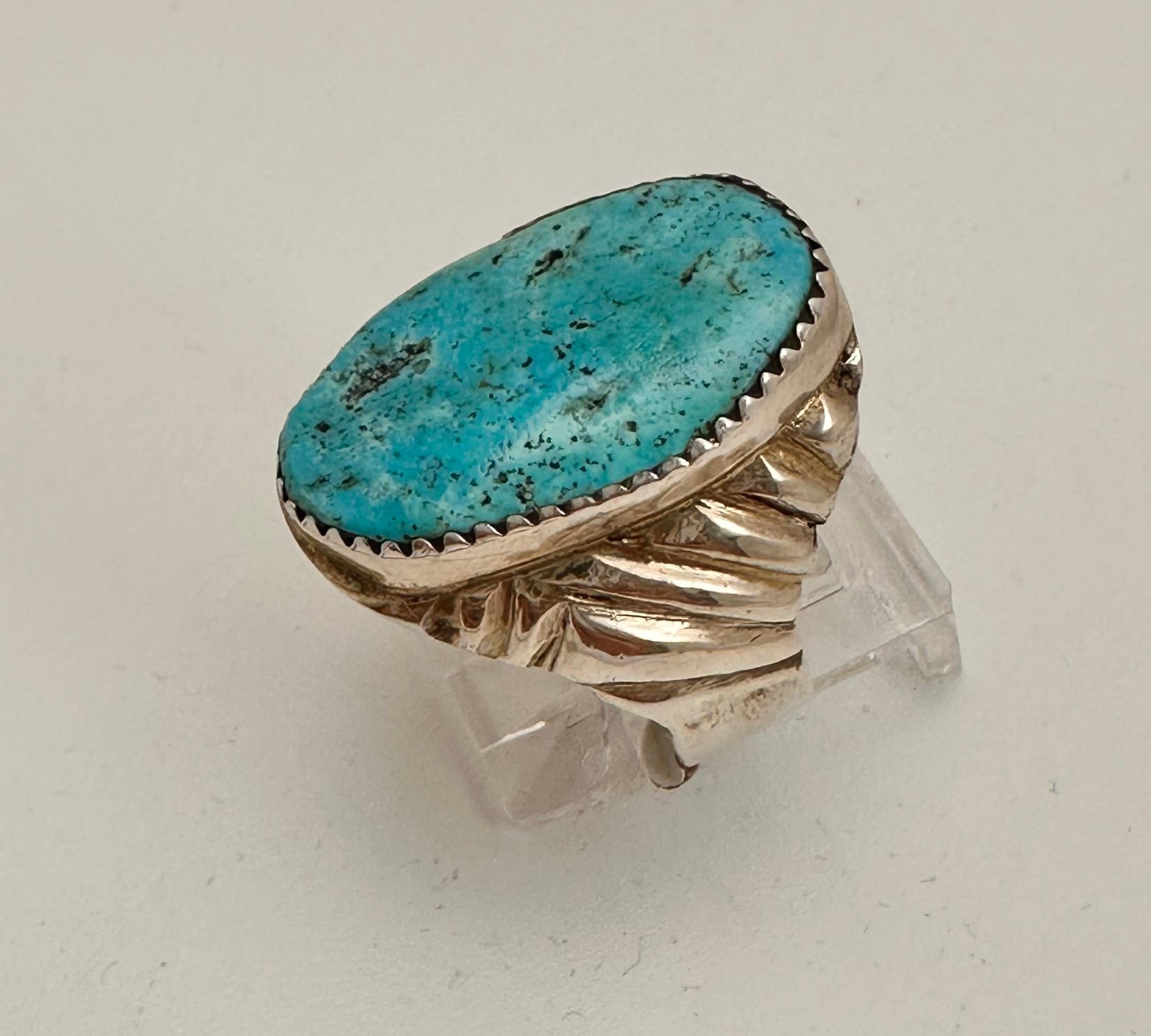 Cabochon Navajo Sterling Silver .925 Kingman Turquiose 14mm x 25mm Oval Ring Size 10
