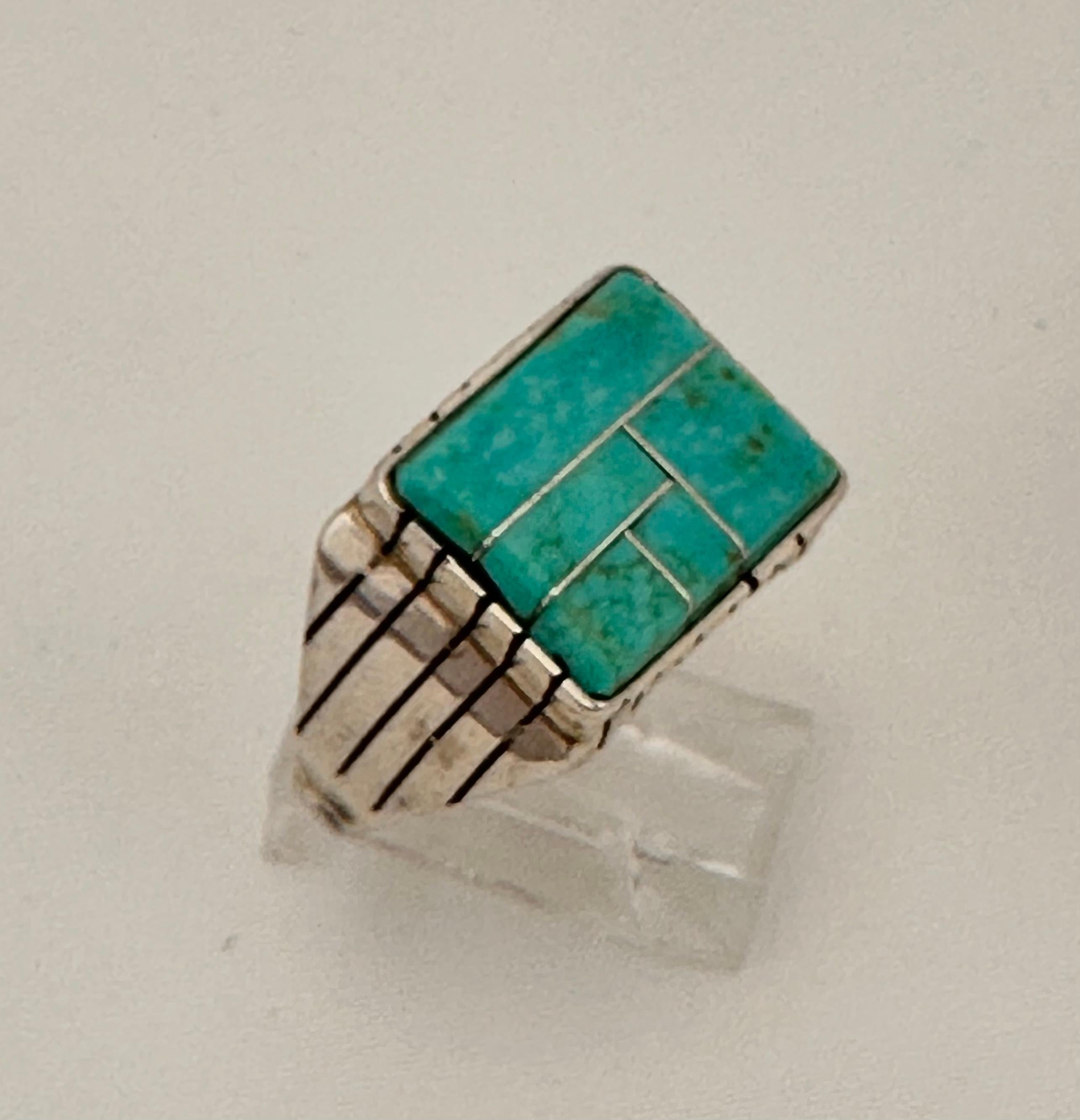 Anillo rectangular Navajo de plata de ley .925 Kingman Turquesa 16 mm x 14 mm Talla 12 en Nuevo Estado en Las Vegas, NV