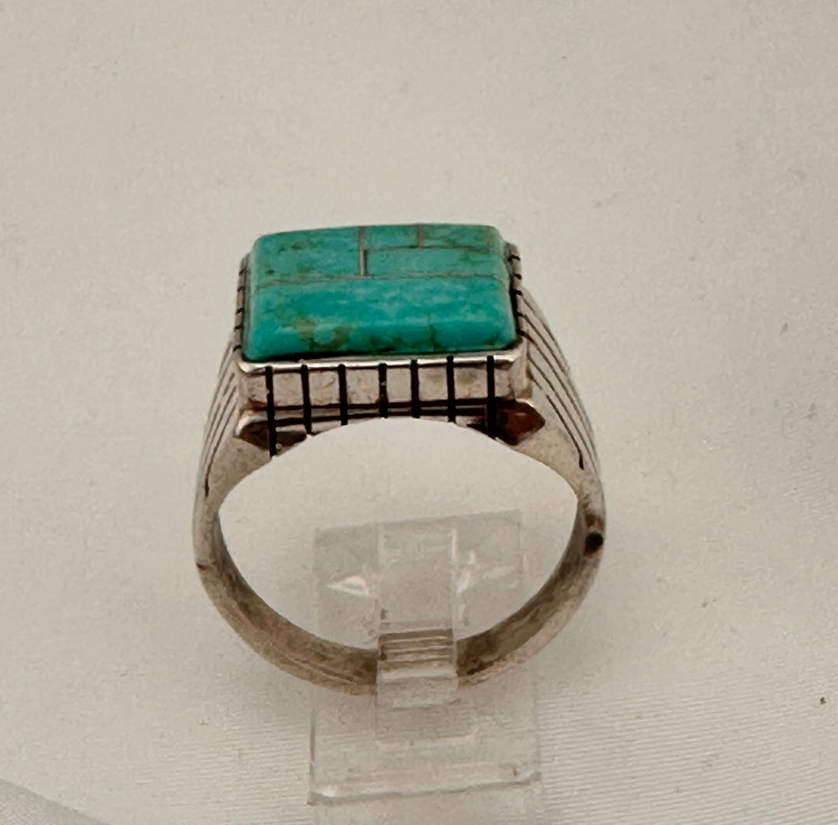 Femenino o masculino Anillo rectangular Navajo de plata de ley .925 Kingman Turquesa 16 mm x 14 mm Talla 12