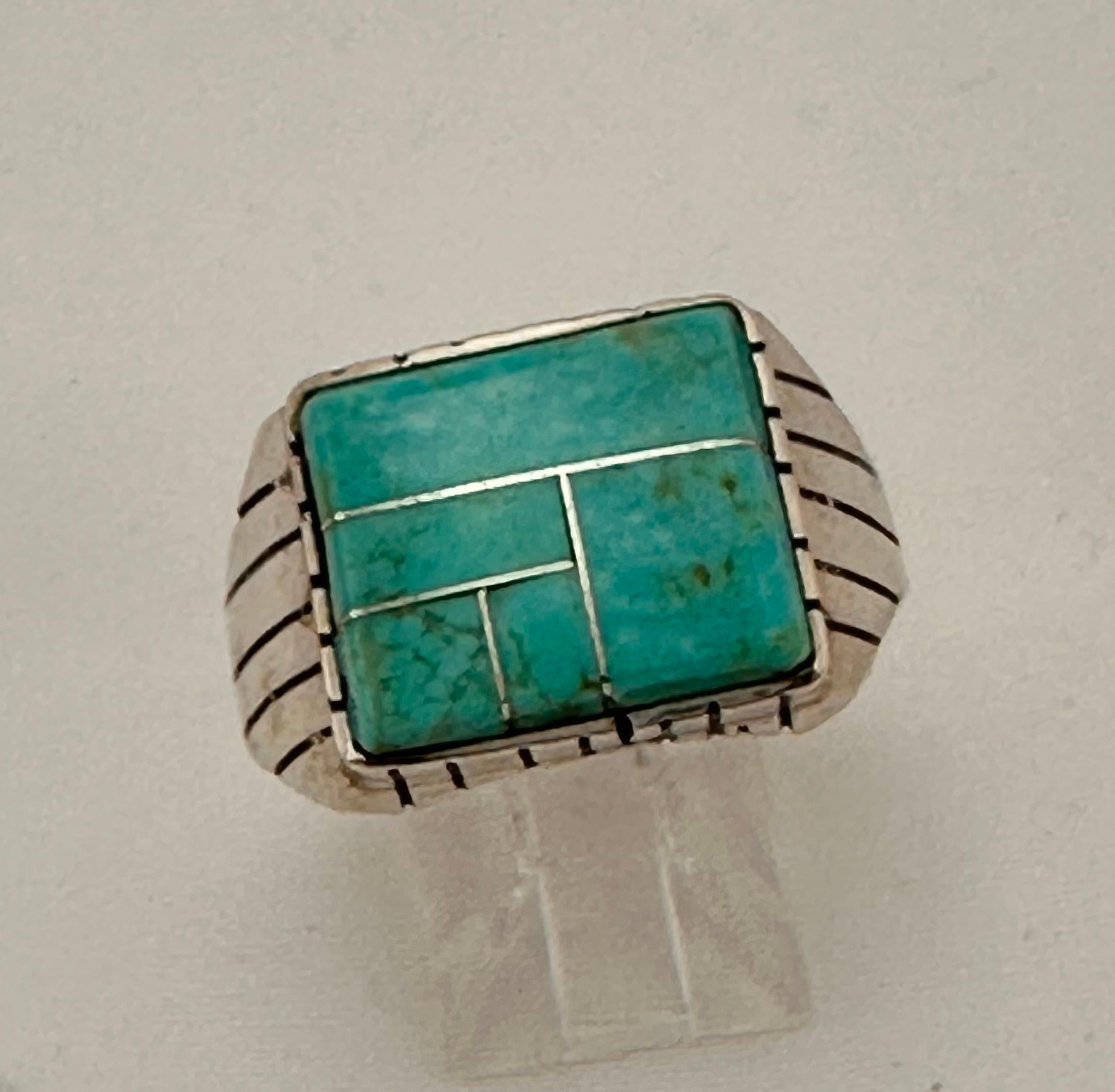 Anillo rectangular Navajo de plata de ley .925 Kingman Turquesa 16 mm x 14 mm Talla 12 1