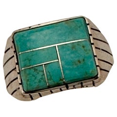 Anillo rectangular Navajo de plata de ley .925 Kingman Turquesa 16 mm x 14 mm Talla 12
