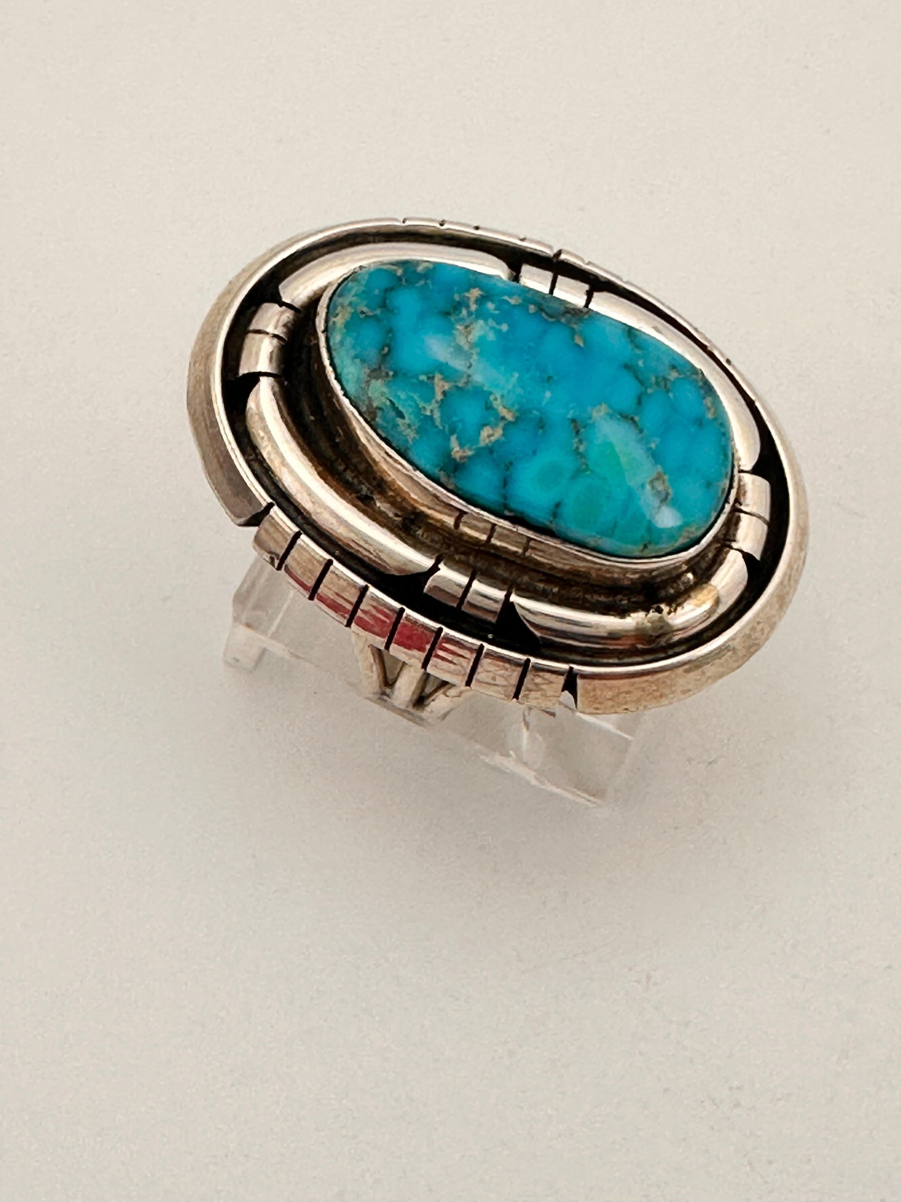 Cabochon Navajo Sterling Silver .925 Kingman Turquiose 23mm x 30mm Oval Ring Size 7