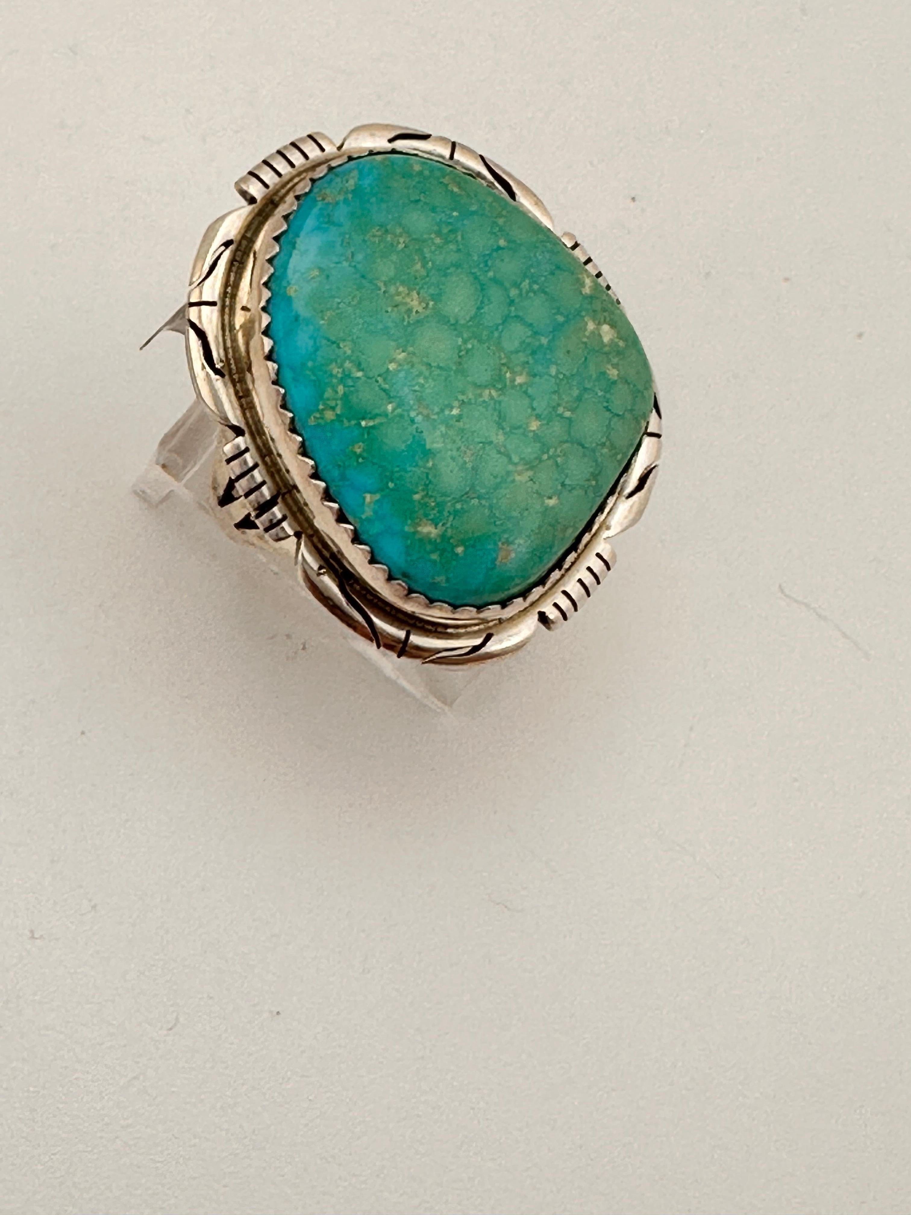 Native American Navajo Sterling Silver .925 Kingman Turquiose 24mm x 28mm Ring Sz 7 1/2