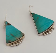Navajo Sterling Silver .925 Kingman Turquoise 1" x 2" Triangular Earrings