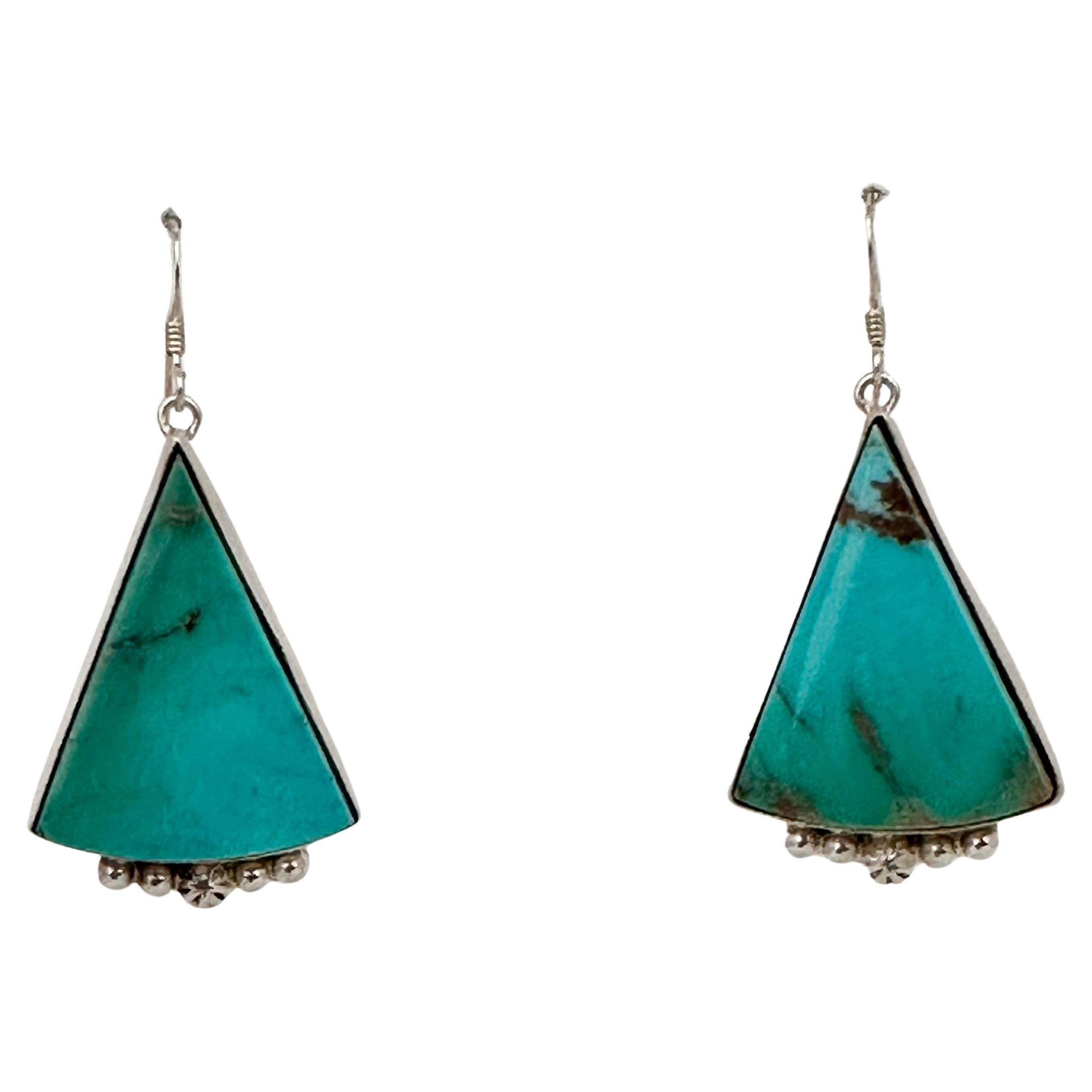Navajo Sterling Silver .925 Kingman Turquoise 1" x 2" Triangular Earrings For Sale