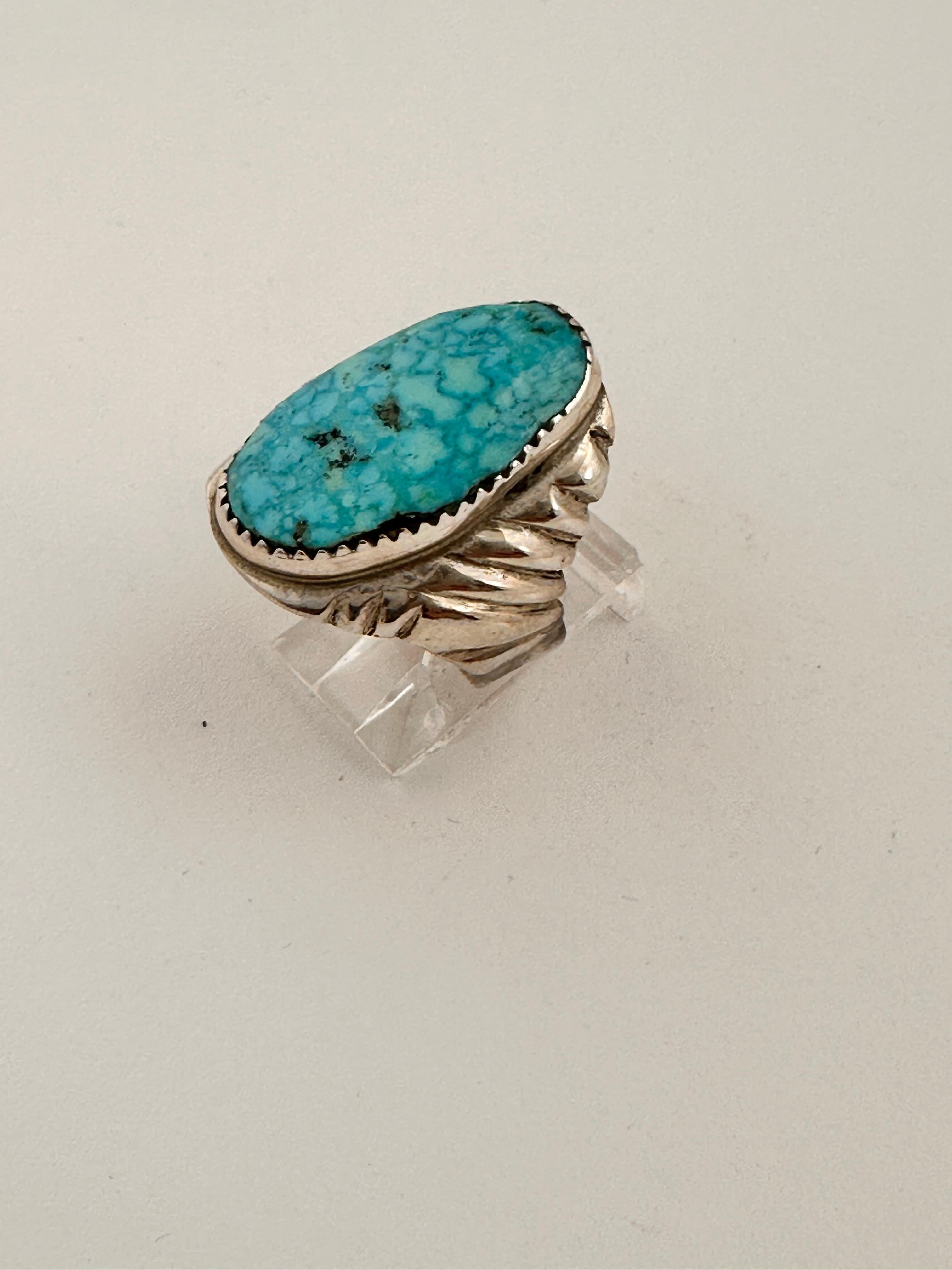 Native American Navajo Sterling Silver .925 Kingman Turquoise 14mm x 25mm Oval Ring Size 9