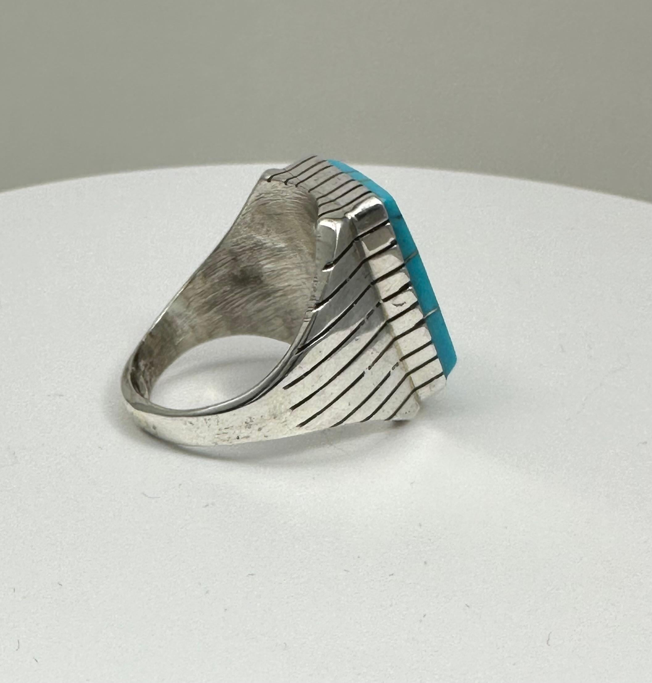 Artisan Navajo Sterling Silver .925 Kingman Turquoise 15 x 20mm Rectangle Ring Size 10.5 For Sale