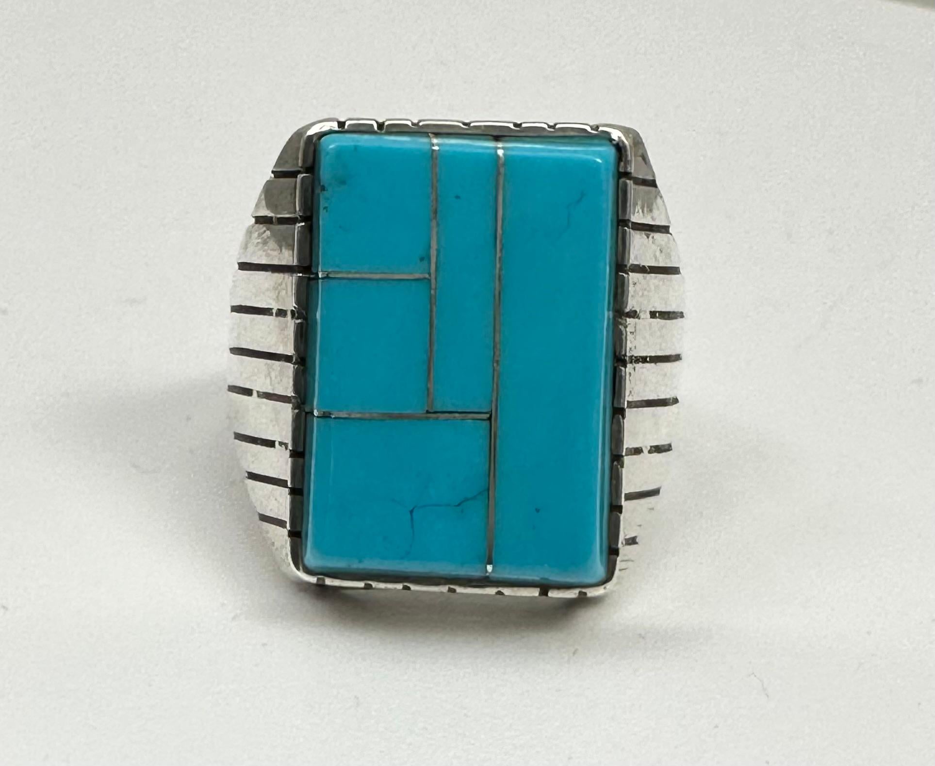 Cabochon Navajo Sterling Silver .925 Kingman Turquoise 15 x 20mm Rectangle Ring Size 10.5 For Sale