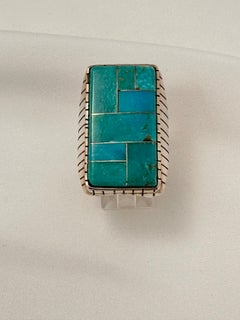 Navajo Sterling Silver .925 Kingman Turquoise 18 x 32mm Rectangle Ring Size 10.5