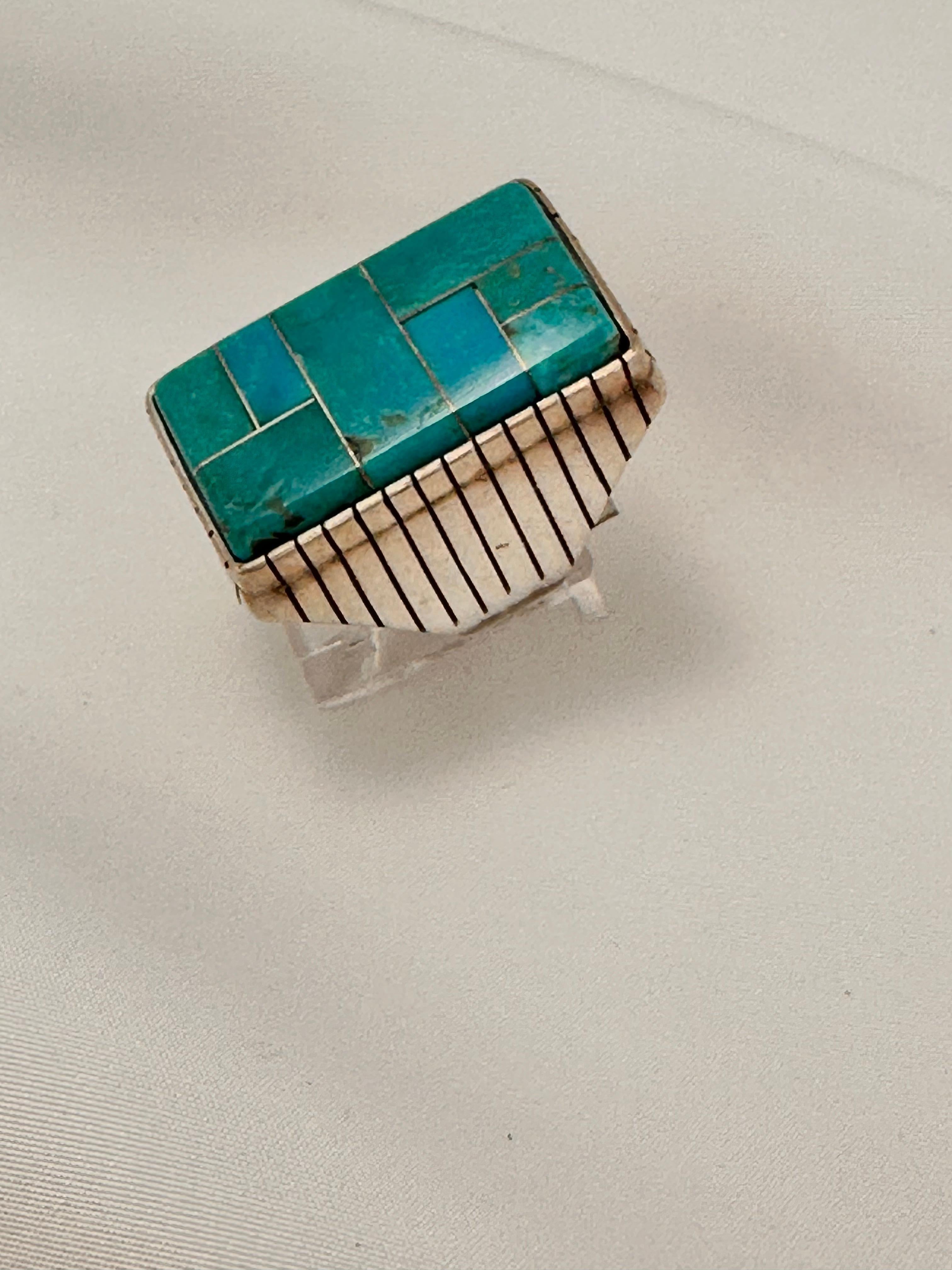 Native American Navajo Sterling Silver .925 Kingman Turquoise 18 x 32mm Rectangle Ring Size 10.5