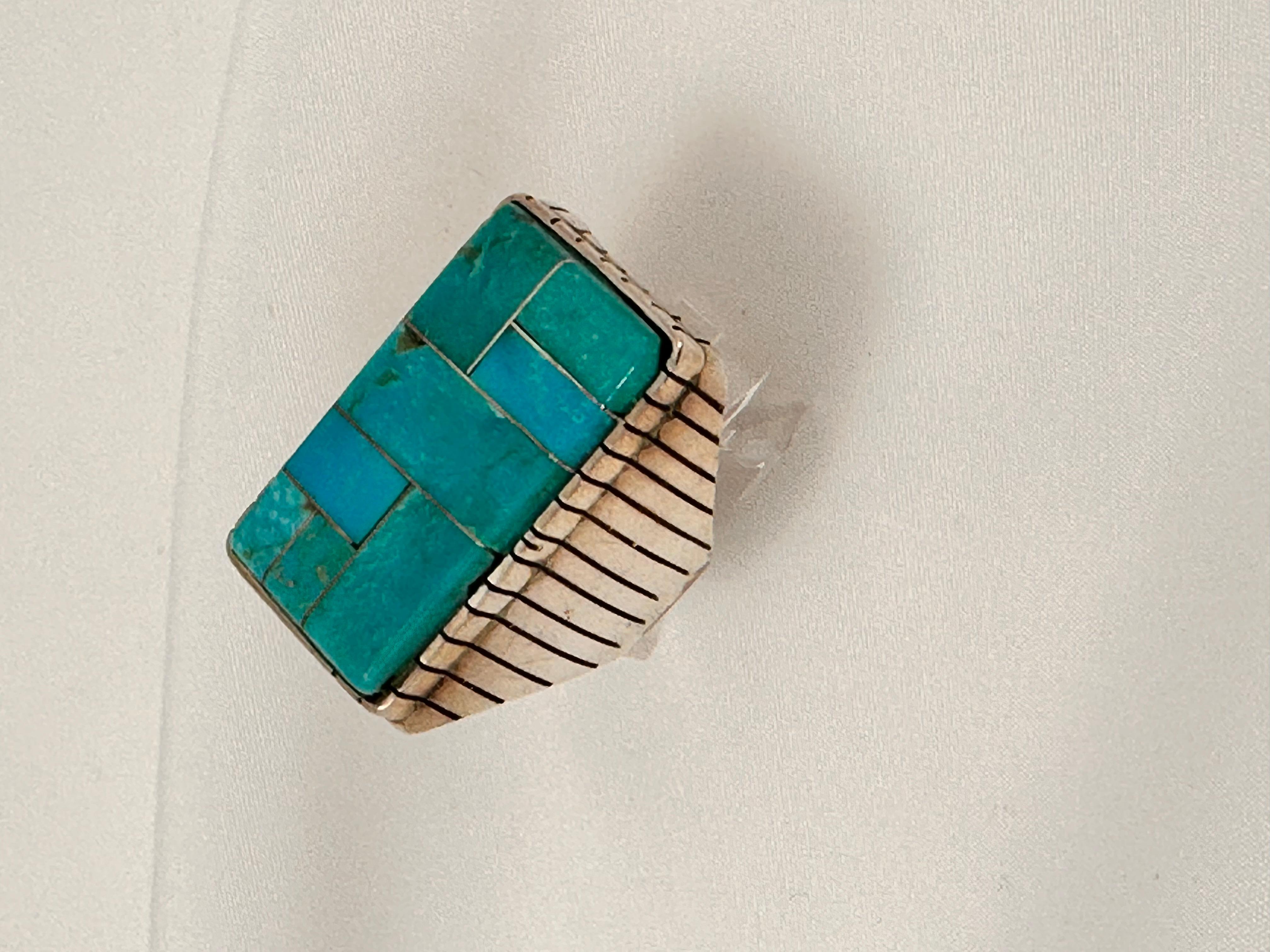 Cabochon Navajo Sterling Silver .925 Kingman Turquoise 18 x 32mm Rectangle Ring Size 10.5
