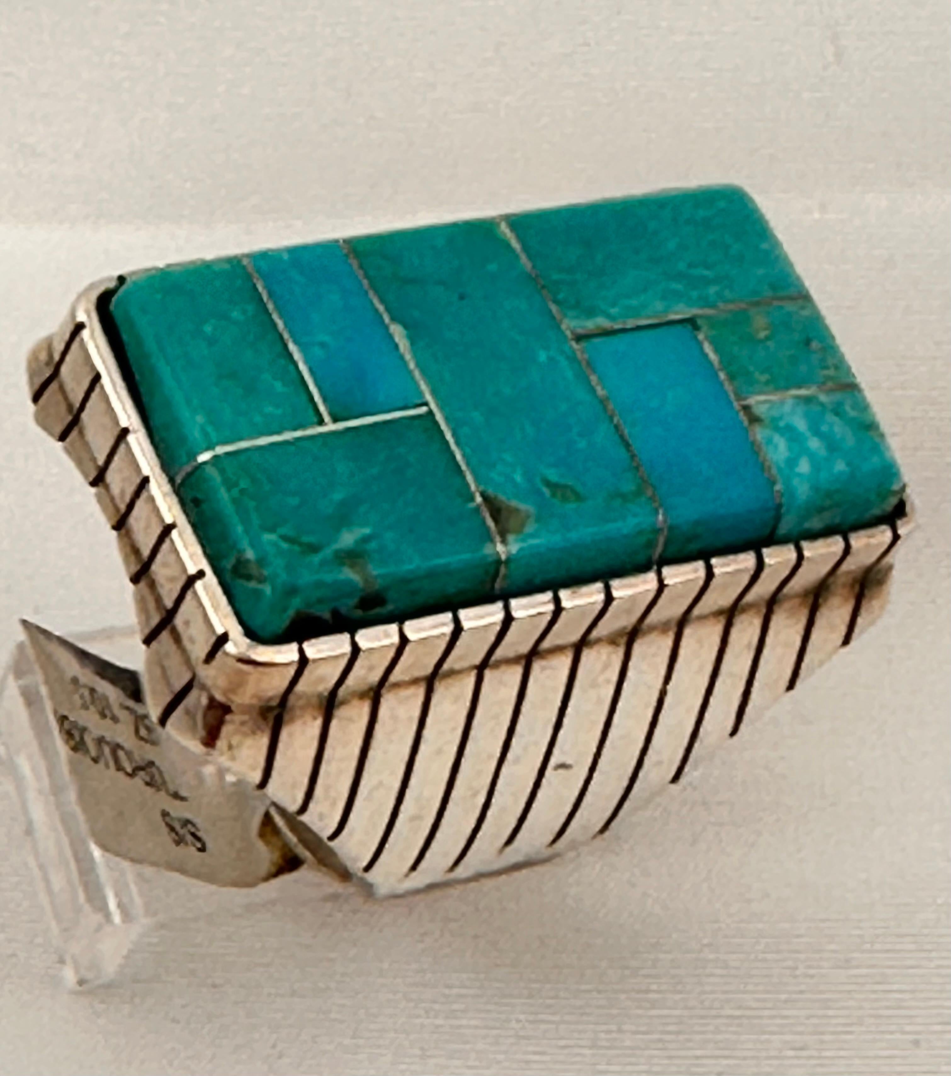 Women's or Men's Navajo Sterling Silver .925 Kingman Turquoise 18 x 32mm Rectangle Ring Size 10.5