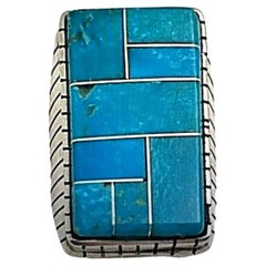 Navajo Sterling Silver .925 Kingman Turquoise 18 x 32mm Rectangle Ring Size 10.5
