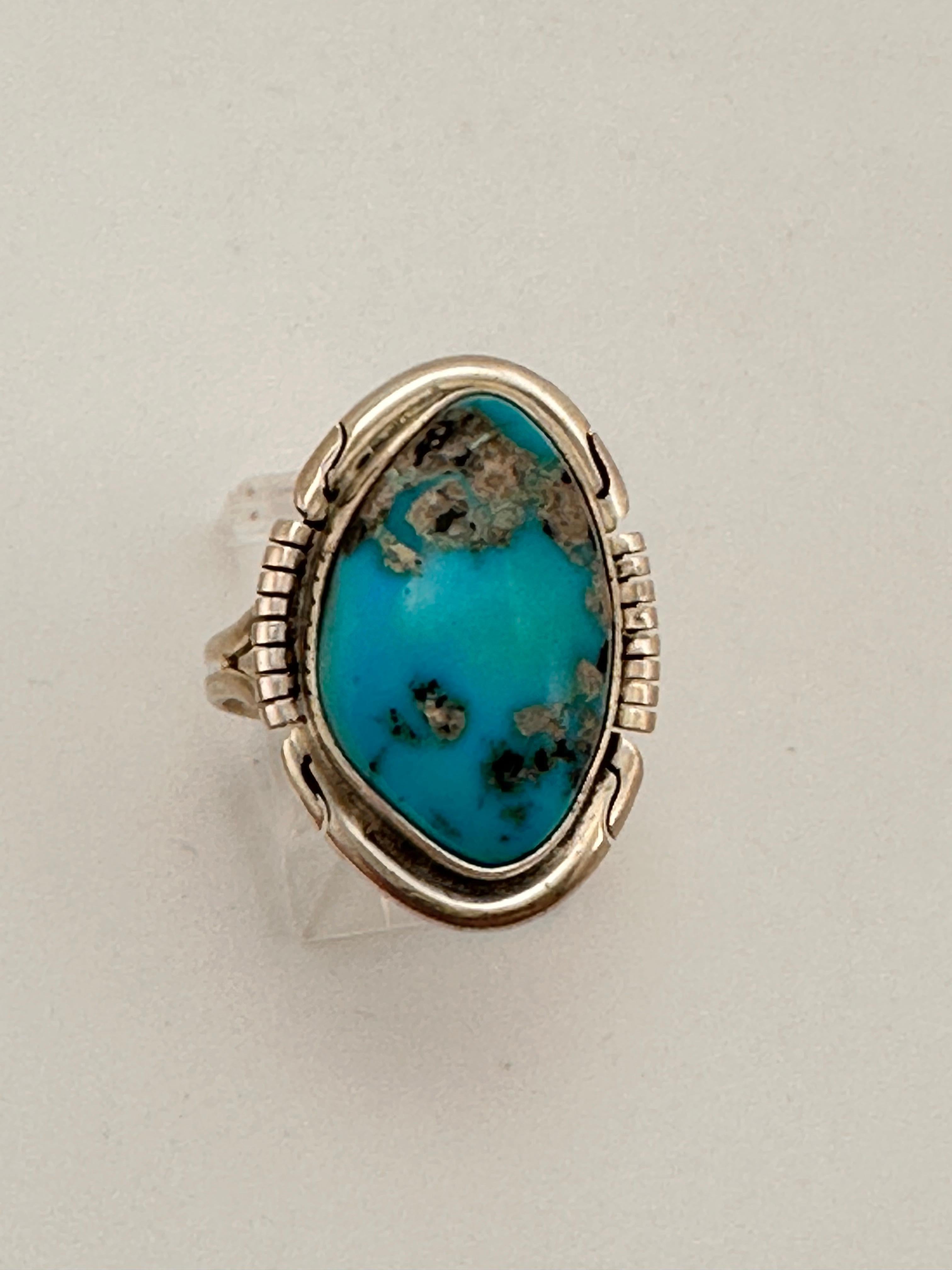 Native American Navajo Sterling Silver .925 Kingman Turquoise 18mm x 25mm Oval Ring Size 8 3/4
