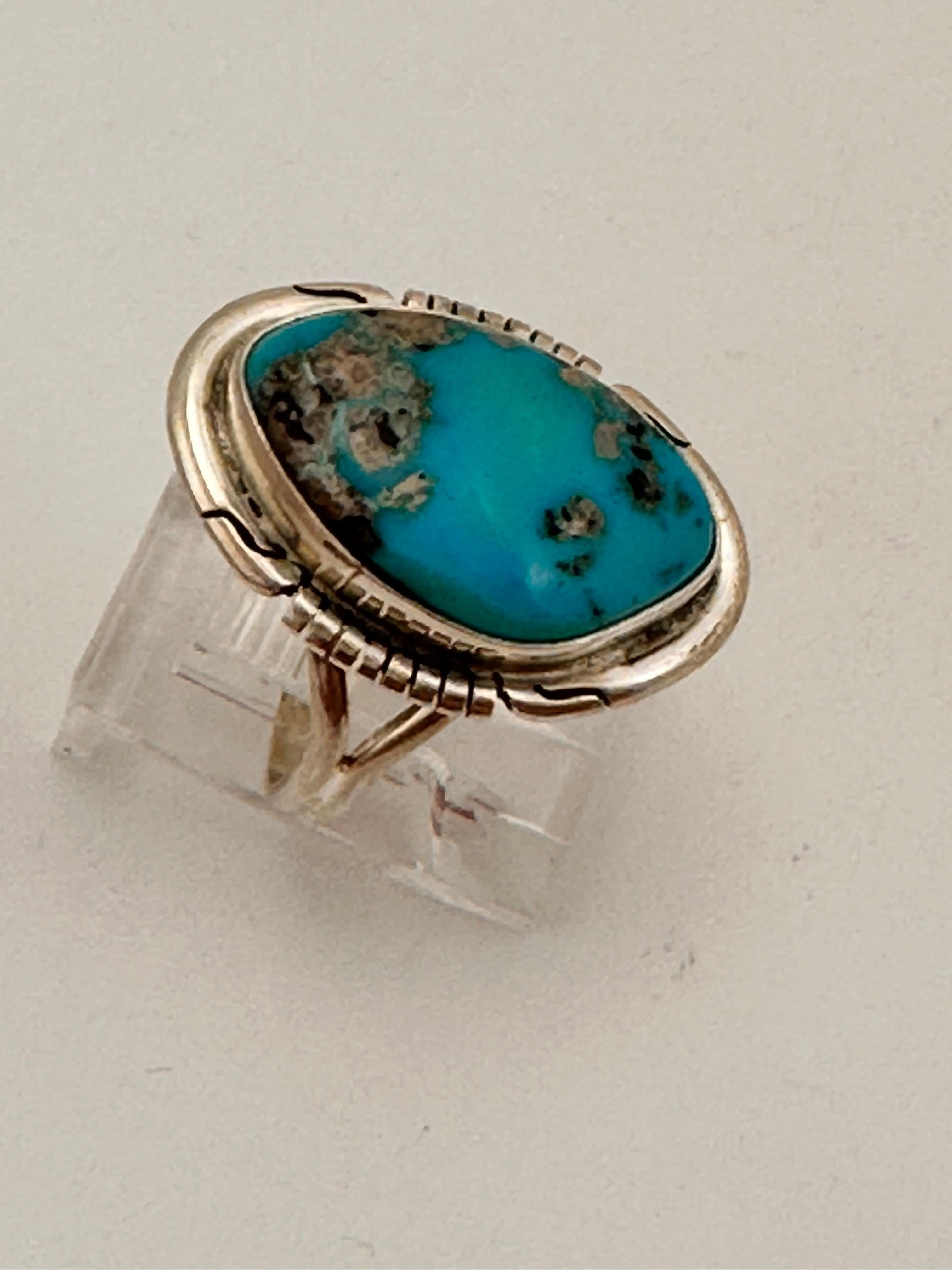 Navajo Sterling Silver .925 Kingman Turquoise 18mm x 25mm Oval Ring Size 8 3/4 1
