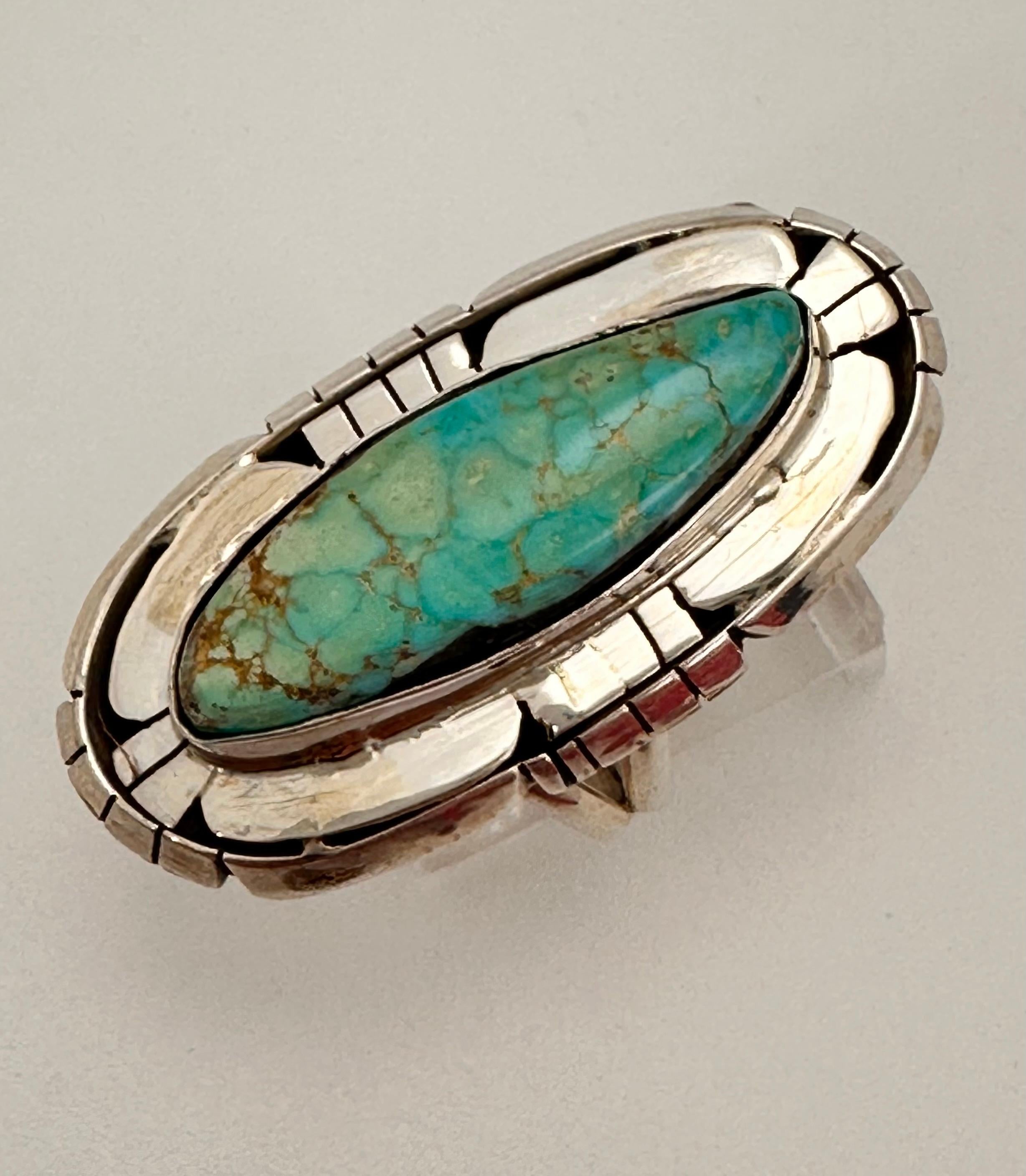 Native American Navajo Sterling Silver .925 Kingman Turquoise 19mm x 37mm Oval Ring Size 8.5